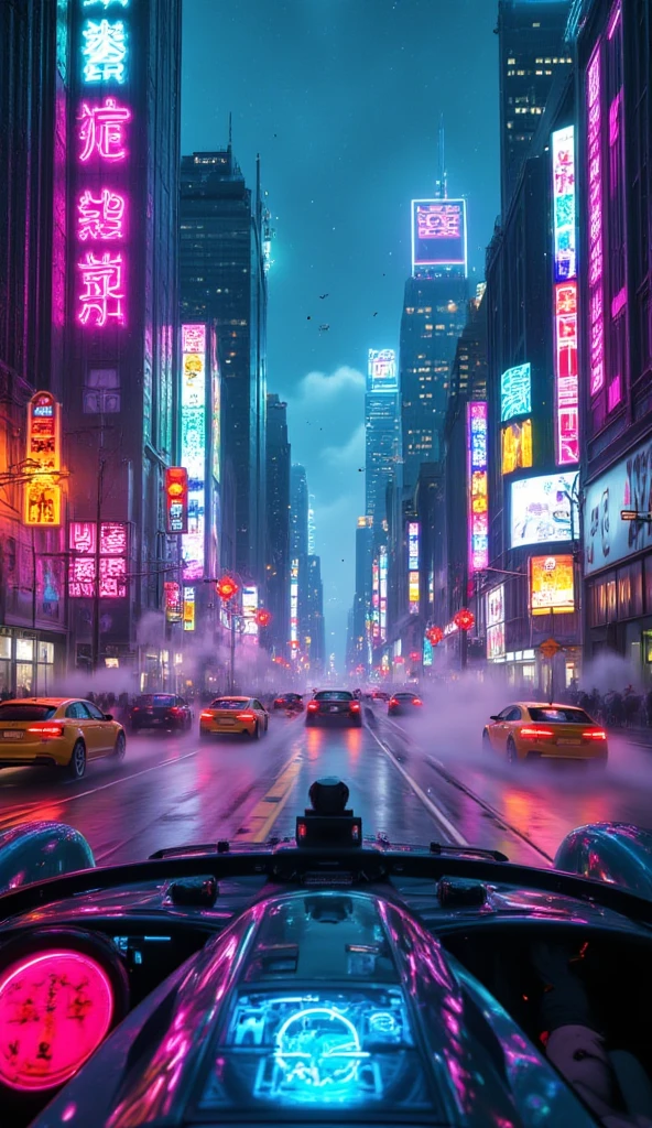 A hyper-realistic, ultra-detailed scene from the (first-person perspective) of a futuristic driver piloting a sleek, (high-tech flying car). The vehicle soars through the neon-lit, towering metropolis at night, weaving and maneuvering expertly between skyscrapers. These buildings are adorned with shimmering, neon signs that flicker and pulse in electric hues of pink, blue, green, and gold. The flying car hugs the narrow spaces between the massive structures, navigating tight turns and narrow gaps with precision, as the brilliant neon reflections cascade off its glossy surface.The interior of the car glows with the vibrant light from outside. (The high-tech dashboard features holographic displays projecting real-time data, navigation, and glowing air lane maps directly onto the windshield.) The driver feels the rush as the car dips and dives, zipping dangerously close to glass windows and illuminated billboards. The adrenaline of flying between buildings at high speed is palpable, each turn revealing breathtaking views of the bustling city.Outside, a steady misty rain falls, blurring the sharp edges of the surrounding towers. Raindrops splatter against the windshield, and sleek wipers glide smoothly, leaving trails of shimmering neon reflections.Each building pulses with life, lit by endless streams of neon, while steam rises from the streets below, swirling in the wake of passing vehicles.The flying car’s movements are synchronized with the rhythm of the city, soaring through layers of holographic traffic signals and passing other airborne vehicles.Every detail is in perfect focus: the rain-slick surfaces, the swirling fog, and the vibrant reflections of neon. The scene encapsulates the thrill and wonder of flying through a rain-soaked, neon-drenched urban canyon, where technology and adventure merge seamlessly in an electric, sky-high dreamscape.