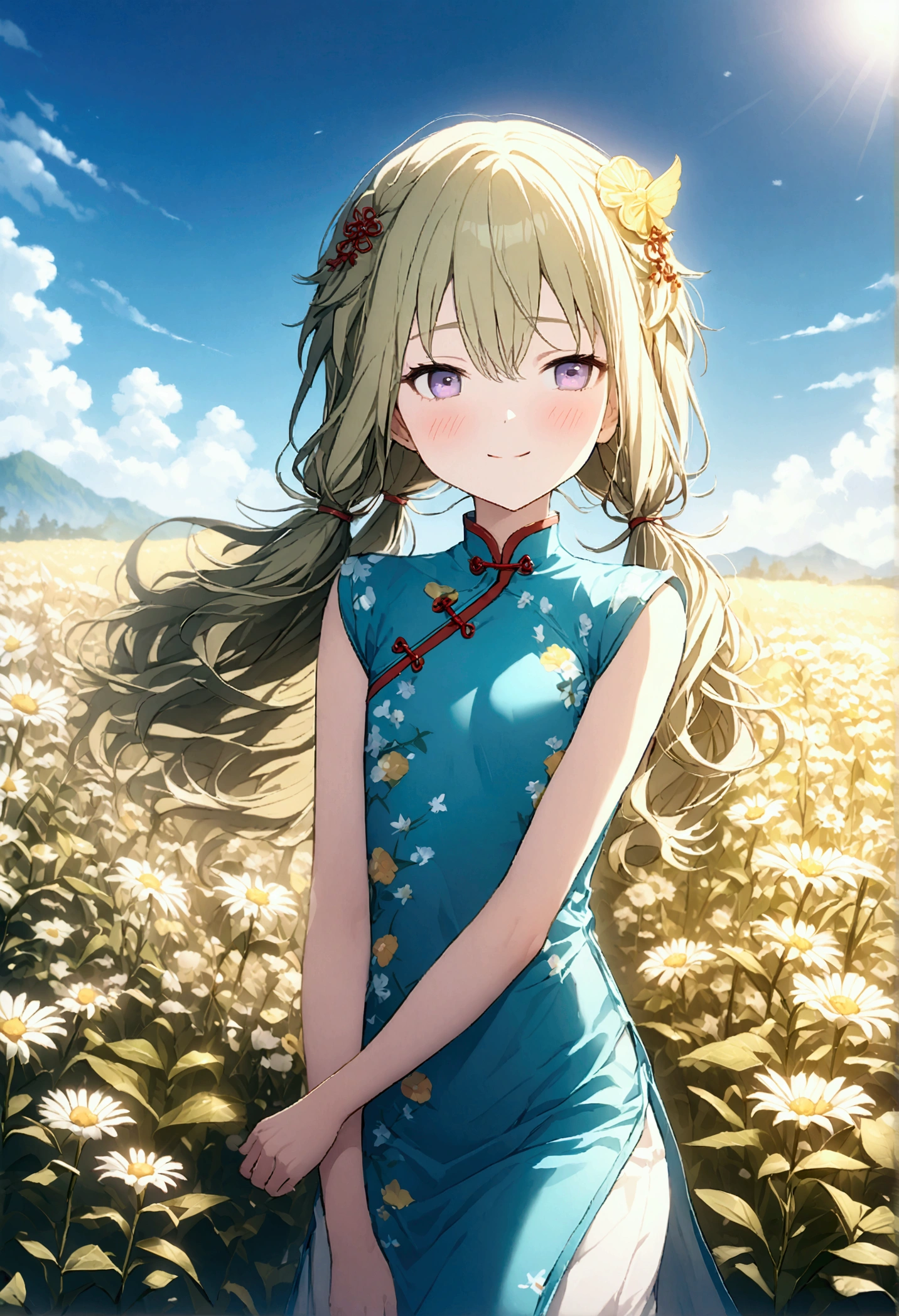 High image quality 、masterpiece、 High Quality  、Full HD、4K 、Side view、Kusanagi Nin々、Green long hair 、Yellow hair ornament、Pigtails、 purple eyes、slim、green china dress、 smile、Blushing cheeks 、Open your arms、Red  on cheeks、 flat chest、It's spinning in a field of white flowers、blue sky