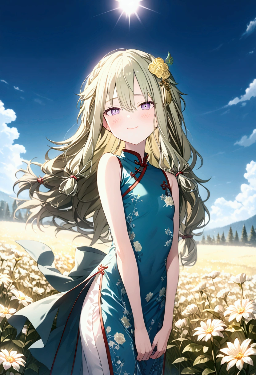 High image quality 、masterpiece、 High Quality  、Full HD、4K 、Side view、Kusanagi Nin々、Green long hair 、Yellow hair ornament、Pigtails、 purple eyes、slim、green china dress、 smile、Blushing cheeks 、Open your arms、Red  on cheeks、 flat chest、It's spinning in a field of white flowers、blue sky