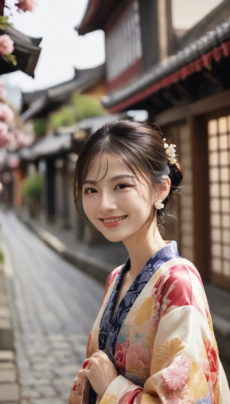 beautiful japanese woman, kimono, smiling at camera, old japanese town, 8k, photorealistic, detailed face, long eyelashes, intricate kimono patterns, traditional japanese architecture, cobblestone street, lanterns, natural lighting, vibrant colors, elegant pose, serene atmosphere