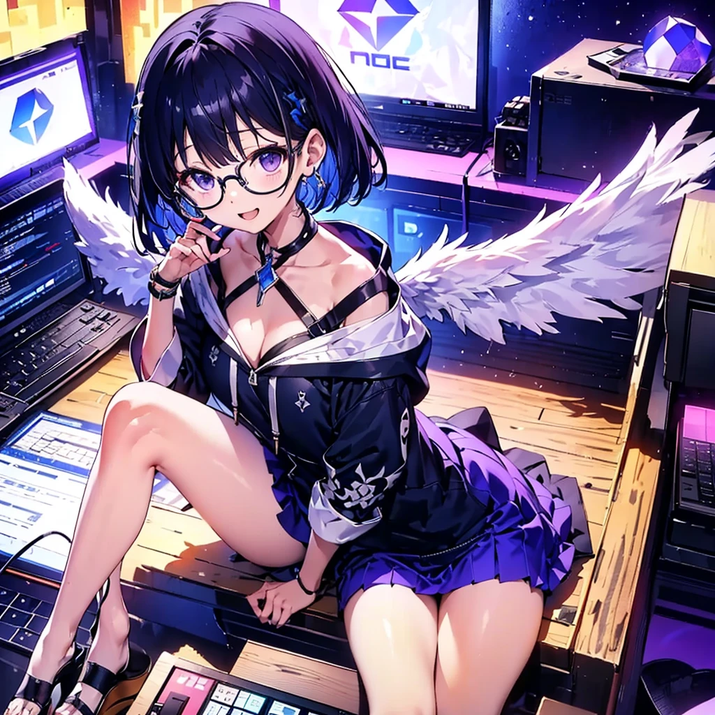 solo1.5、 High Quality、Bird's-eye view from above composition 1 .7、Seiko no Hand 1 .5、Purple-black bob cut 、 sitting on the purple cube in front of the monitor 、 black hoodie and purple mini skirt 1 .6、 1 with a silver light cube floating on the right hand.7、voluptuous0.6、Angel Girl Sandalphone 1 .8、Confident smile without opening her mouth1 .1、black rimmed glasses 1.4、