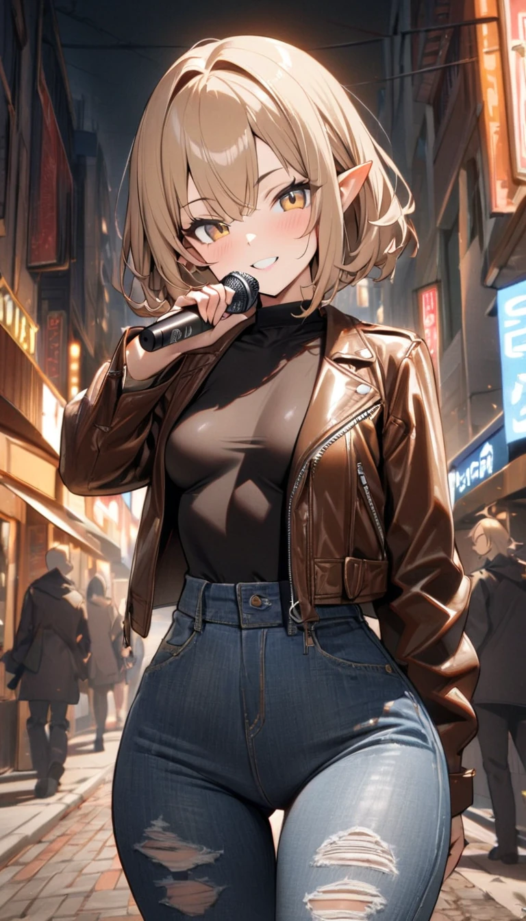  1 girl, Alone, Small breasts,  watching viewers,  wide hips, I々I have, Long Hair, Pointy ears,( light brown hair , short hair、),Best Quality、masterpiece、  ultra high resolution 、Beautiful smile、 Leather Jacket、street、 street, Voodoo symbols are scattered on the microphone of ripped ripped jeans 