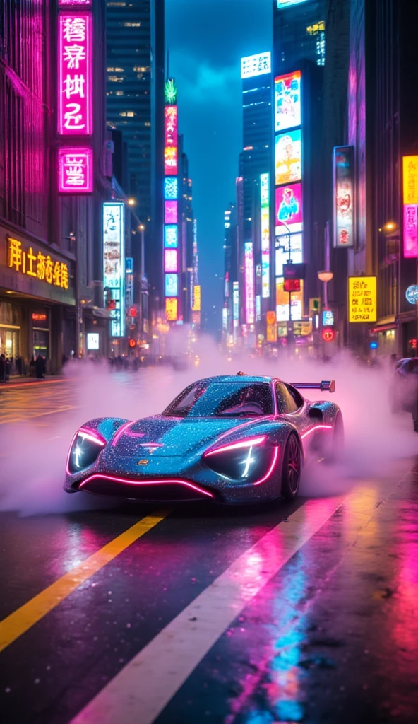 A hyper-realistic, ultra-detailed scene from the (first-person perspective) of a futuristic driver piloting a sleek, (high-tech flying car). The vehicle soars through the neon-lit, towering metropolis at night, weaving and maneuvering expertly between skyscrapers. These buildings are adorned with shimmering, neon signs that flicker and pulse in electric hues of pink, blue, green, and gold. The flying car hugs the narrow spaces between the massive structures, navigating tight turns and narrow gaps with precision, as the brilliant neon reflections cascade off its glossy surface.The interior of the car glows with the vibrant light from outside. (The high-tech dashboard features holographic displays projecting real-time data, navigation, and glowing air lane maps directly onto the windshield.) The driver feels the rush as the car dips and dives, zipping dangerously close to glass windows and illuminated billboards. The adrenaline of flying between buildings at high speed is palpable, each turn revealing breathtaking views of the bustling city.Outside, a steady misty rain falls, blurring the sharp edges of the surrounding towers. Raindrops splatter against the windshield, and sleek wipers glide smoothly, leaving trails of shimmering neon reflections.Each building pulses with life, lit by endless streams of neon, while steam rises from the streets below, swirling in the wake of passing vehicles.The flying car’s movements are synchronized with the rhythm of the city, soaring through layers of holographic traffic signals and passing other airborne vehicles.Every detail is in perfect focus: the rain-slick surfaces, the swirling fog, and the vibrant reflections of neon. The scene encapsulates the thrill and wonder of flying through a rain-soaked, neon-drenched urban canyon, where technology and adventure merge seamlessly in an electric, sky-high dreamscape.