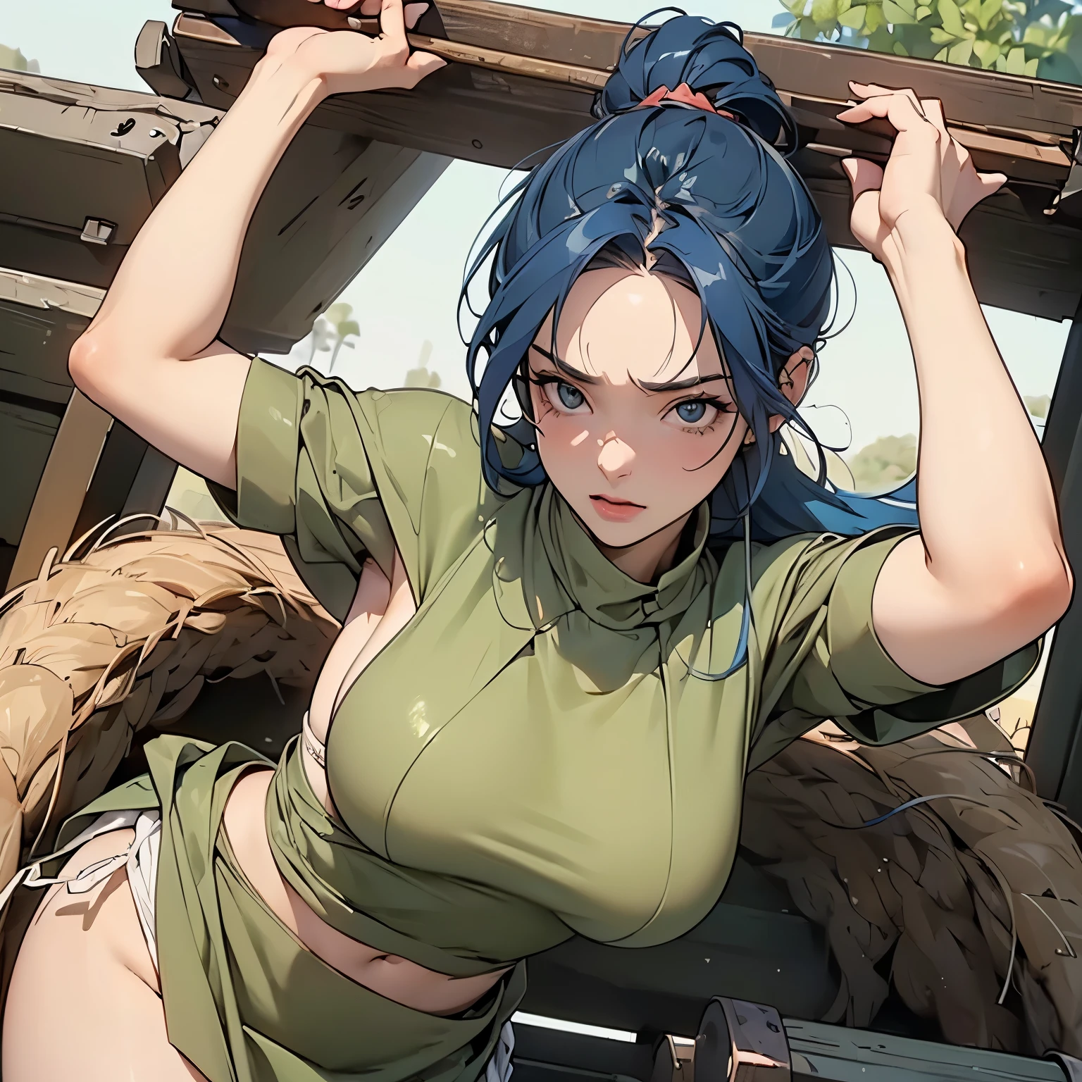 High-quality, detailed face. A ruined world, a jungle overgrown with trees. Ruins within the jungle. Concrete buildings. A woman in camouflage clothing, beautiful. Restraints made of wood. Long-sleeved military uniform. Military personnel. Large breasts, large buttocks. A woman raising her hands. Hands bound with restraints. Restraints attached to a wall. Defiant eyes. A view from the front. A woman being tortured. A prisoner. Black underwear.