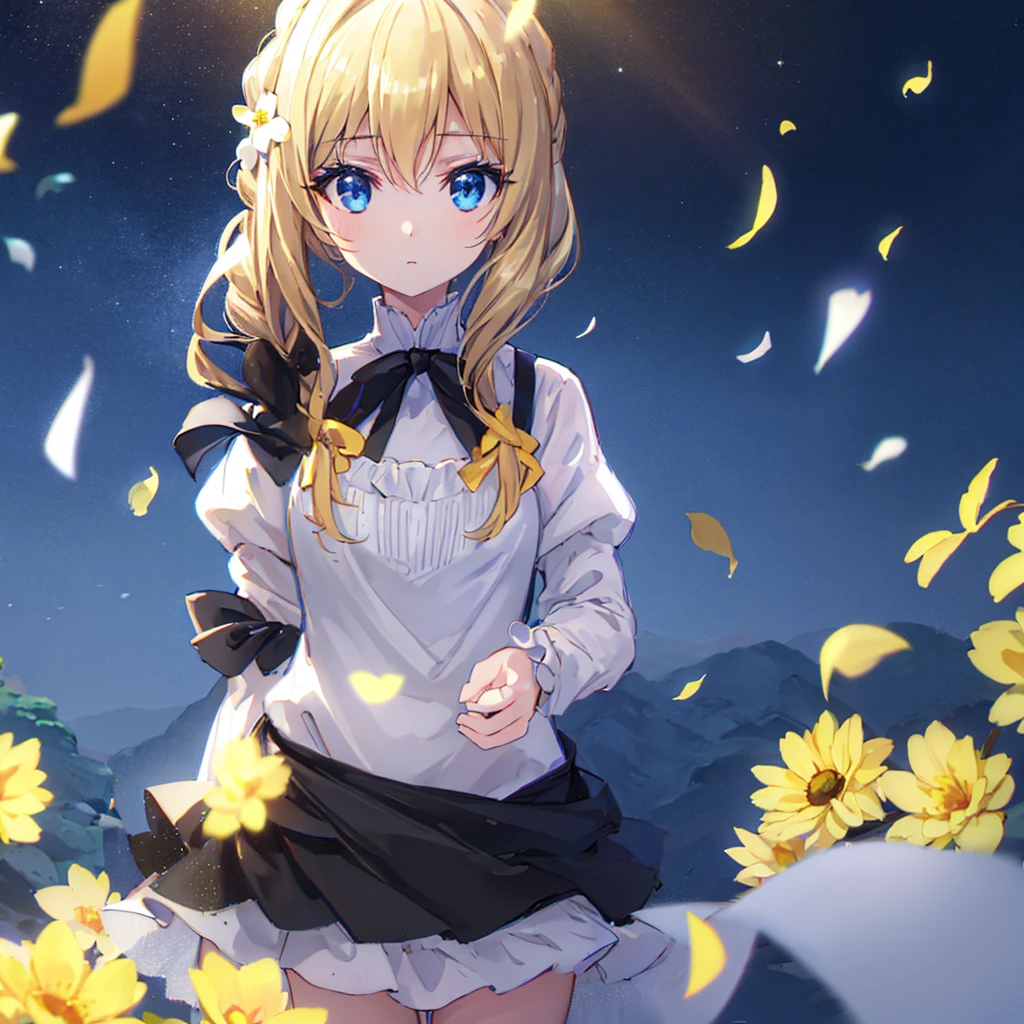Light theme, single girl, long hair, blonde, blue eyes, black ribbon, white dress, decorated, flowers, cinematic lighting, lens flare, chromatic aberration, depth of field, masterpiece, top quality , extremely beautiful, absurd, super detailed, UHD, 8K, highly detailed, latest, cetus,