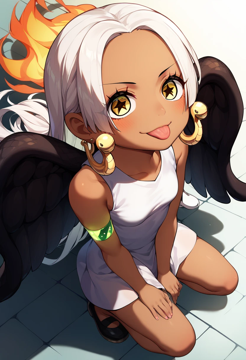 UHD, retina, textured skin, high details, high quality, best quality,  highres icon, 1080P, HD, 16k、 2 characters、 girl,Earthsnake , Long Hair, white hair, Brown Skin、,  earrings for a woman alone, Yellow Eyes, symbol-shaped pupils,  black wings  ,  small breasts.  sundress,  white dress,  sleeveless, armlet、 cute、Flames on the back、flat chest、full body、looking up、from above、squatting、 cute、 sexy、Stick one’s tongue out、