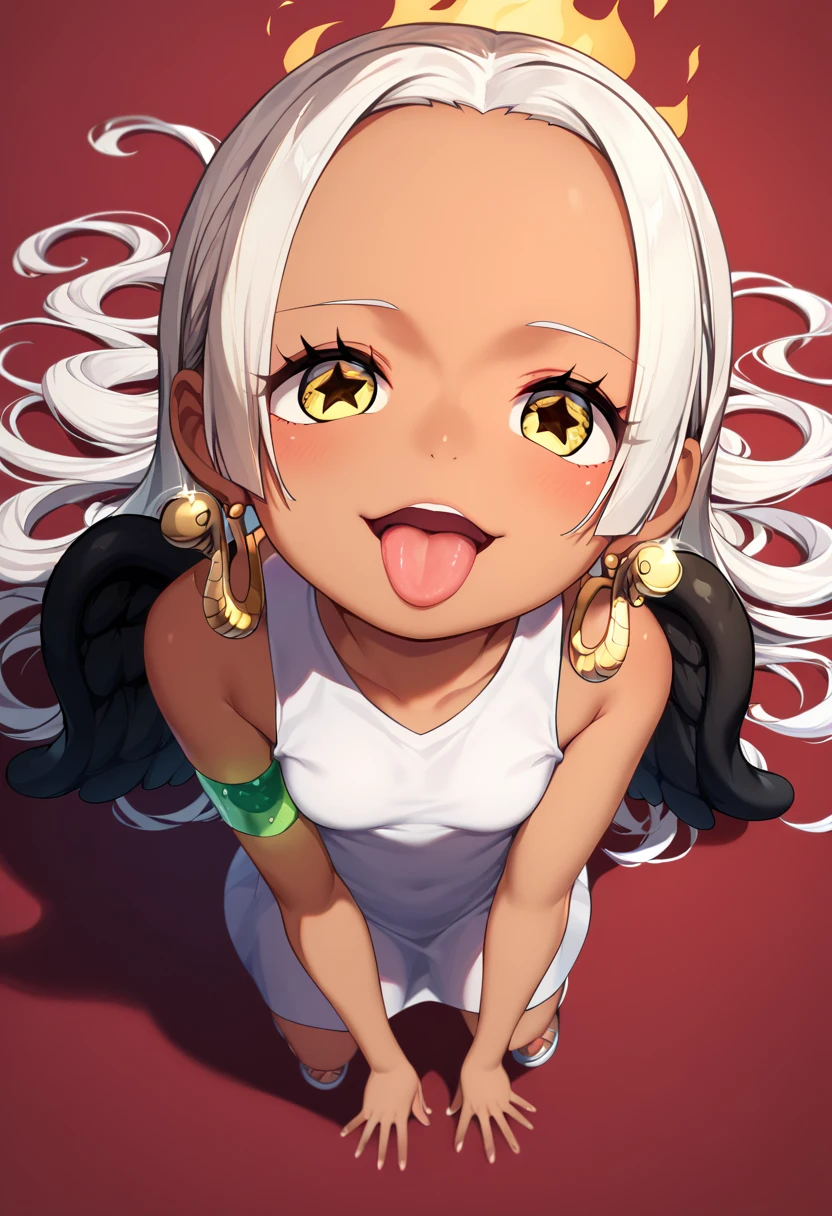 UHD, retina, textured skin, high details, high quality, best quality,  highres icon, 1080P, HD, 16k、 2 characters、 girl,Earthsnake , Long Hair, white hair, Brown Skin、,  earrings for a woman alone, Yellow Eyes, symbol-shaped pupils,  black wings  ,  small breasts.  sundress,  white dress,  sleeveless, armlet、 cute、Flames on the back、flat chest、full body、looking up、from above、squatting、 cute、 sexy、Stick one’s tongue out、