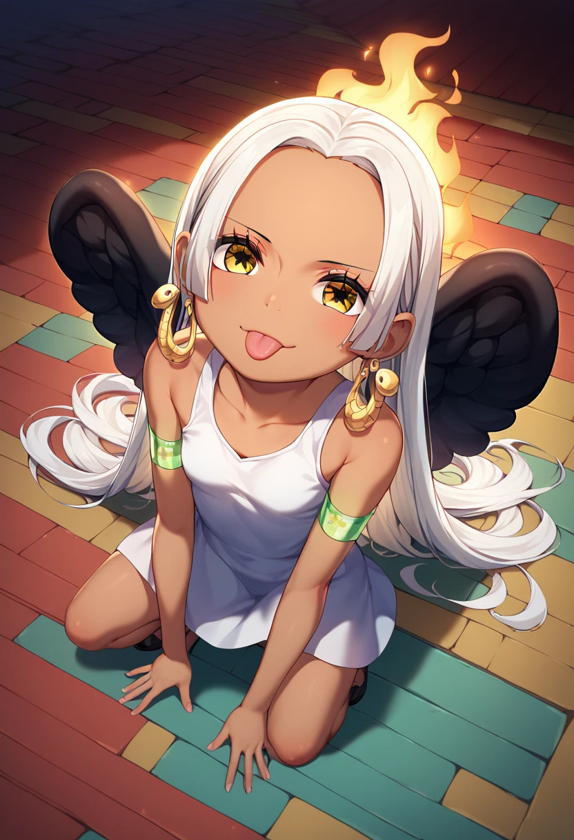 UHD, retina, textured skin, high details, high quality, best quality,  highres icon, 1080P, HD, 16k、 2 characters、 girl,Earthsnake , Long Hair, white hair, Brown Skin、,  earrings for a woman alone, Yellow Eyes, symbol-shaped pupils,  black wings  ,  small breasts.  sundress,  white dress,  sleeveless, armlet、 cute、Flames on the back、flat chest、full body、looking up、from above、squatting、 cute、 sexy、Stick one’s tongue out、