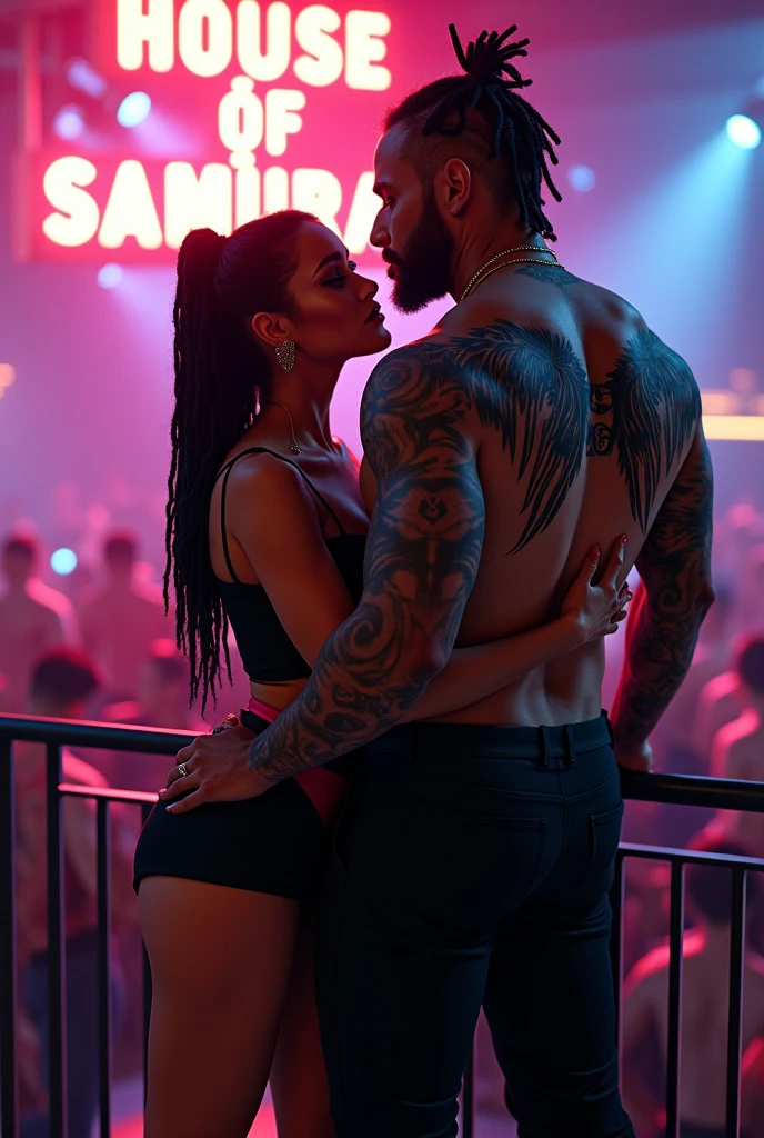 Tall Muscular man inside a nightclub standing near a balcony overlooking a crowd of attractive smartly dressed men & women dancing together, with a large light up sign above the DJ area which reads "HØusE Øf Samurai" in light up bold white text, surrounded by RGB lighting shining down onto the crowd.

The man is facing away from the viewer, and his topless muscular back is facing us, as he is leaned over the balcony railing with a small whisky glass in his hand. On his upper shoulders are the words "MERCENARY FOR HIRE" tattooed in a curved arch shape, with some very large devil wings tattooed across his entire middle & lower back in black ink. He also has the entirety of both his arms covered in detailed black & grey tattoos, with "-IlI- Il" tattooed on the back of his neck, he looks over his muscular shoulder whilst holding a half full whisky glass with an angry expression on his face.

The man is mixed raced and is half black and half white, and is from america, he has black tied up dreads with the sides of his head completely shaved. As he looks back over his muscular shoulder you see a small dagger tattoo which is on the side of his face, with the number "18" tattooed in very small text just under his eye. & he has a trimmed beard.

The man is shirtless & is wearing tight black jeans, a black leather belt, & black on black nike shoes, with his smart black shirt being laid over the balcony railings beside him, an attractive female in a short sleeveless tight black dress with light blonde hair in a braided ponytail, very large breasts, she stands in front of the man, wrapping her arms around him saying something in his ear, she wears black thigh high high heel boots, as she wears a red push up bra, she has dark browm smokey eyes. She has a nice pearky bubble butt too which the man rests his hands on. 

Anatomically Correct, Best Quality, Super Detailed, Textured Skin, High Quality, High Resolution, Ultra-Wide Angle, Glowing Light, Realism, Hard Shadows.