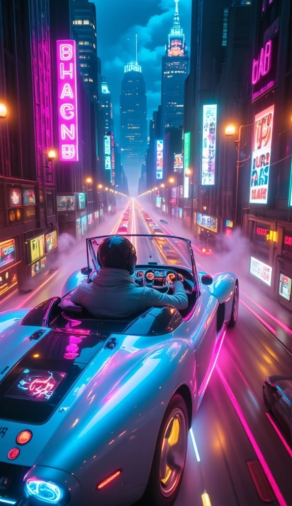 A hyper-realistic, ultra-detailed scene from the (first-person perspective) of a futuristic driver piloting a sleek, (high-tech flying car). The vehicle soars through the neon-lit, towering metropolis at night, weaving and maneuvering expertly between skyscrapers. These buildings are adorned with shimmering, neon signs that flicker and pulse in electric hues of pink, blue, green, and gold. The flying car hugs the narrow spaces between the massive structures, navigating tight turns and narrow gaps with precision, as the brilliant neon reflections cascade off its glossy surface.The interior of the car glows with the vibrant light from outside. (The high-tech dashboard features holographic displays projecting real-time data, navigation, and glowing air lane maps directly onto the windshield.) The driver feels the rush as the car dips and dives, zipping dangerously close to glass windows and illuminated billboards. The adrenaline of flying between buildings at high speed is palpable, each turn revealing breathtaking views of the bustling city.Outside, a steady misty rain falls, blurring the sharp edges of the surrounding towers. Raindrops splatter against the windshield, and sleek wipers glide smoothly, leaving trails of shimmering neon reflections.Each building pulses with life, lit by endless streams of neon, while steam rises from the streets below, swirling in the wake of passing vehicles.The flying car’s movements are synchronized with the rhythm of the city, soaring through layers of holographic traffic signals and passing other airborne vehicles.Every detail is in perfect focus: the rain-slick surfaces, the swirling fog, and the vibrant reflections of neon. The scene encapsulates the thrill and wonder of flying through a rain-soaked, neon-drenched urban canyon, where technology and adventure merge seamlessly in an electric, sky-high dreamscape.