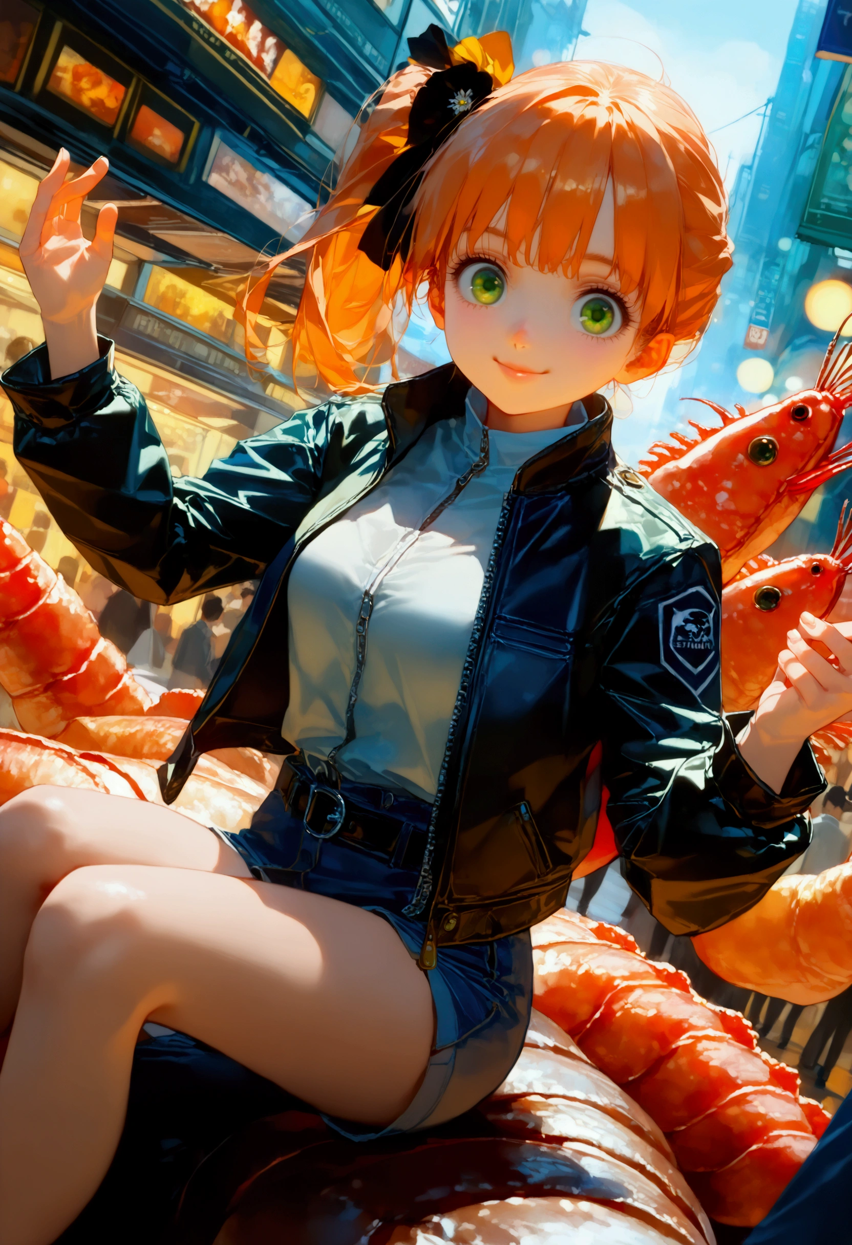 @タカヒロ, 1girl\(Cute,Orange Hair,riders jacket,small breasts,shining green eyes, big eyes,side ponytail,,(smile),beautiful smile,fun,dynamic pose,sitting on a (giant prawn:1.5) in the air\),(Hong Kong action cinema style:1.4),(beautiful Bokeh). BREAK .quality\(masterpiece, best quality,8k,wallpaper of extremely detailed CG unit, high resolution, top-quality, top-quality real texture skin, hyper realistic, increase the resolution, RAW photos, best quality, highly detailed, the wallpaper,golden ratio,high saturation realism, vibrant colors, dramatic lighting, persuasive storytelling, atmospheric scenery, captivating visuals, intricate details, strong emotions,dreamlike world\),dynamic angle