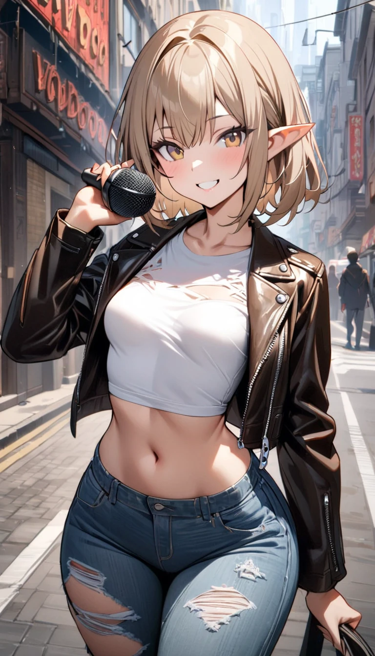  1 girl, Alone, Small breasts,  watching viewers,  wide hips, I々I have, Long Hair, Pointy ears,( light brown hair , short hair、),Best Quality、masterpiece、  ultra high resolution 、Beautiful smile、 Leather Jacket、street、 street, Voodoo symbols are scattered on the microphone of ripped ripped jeans 