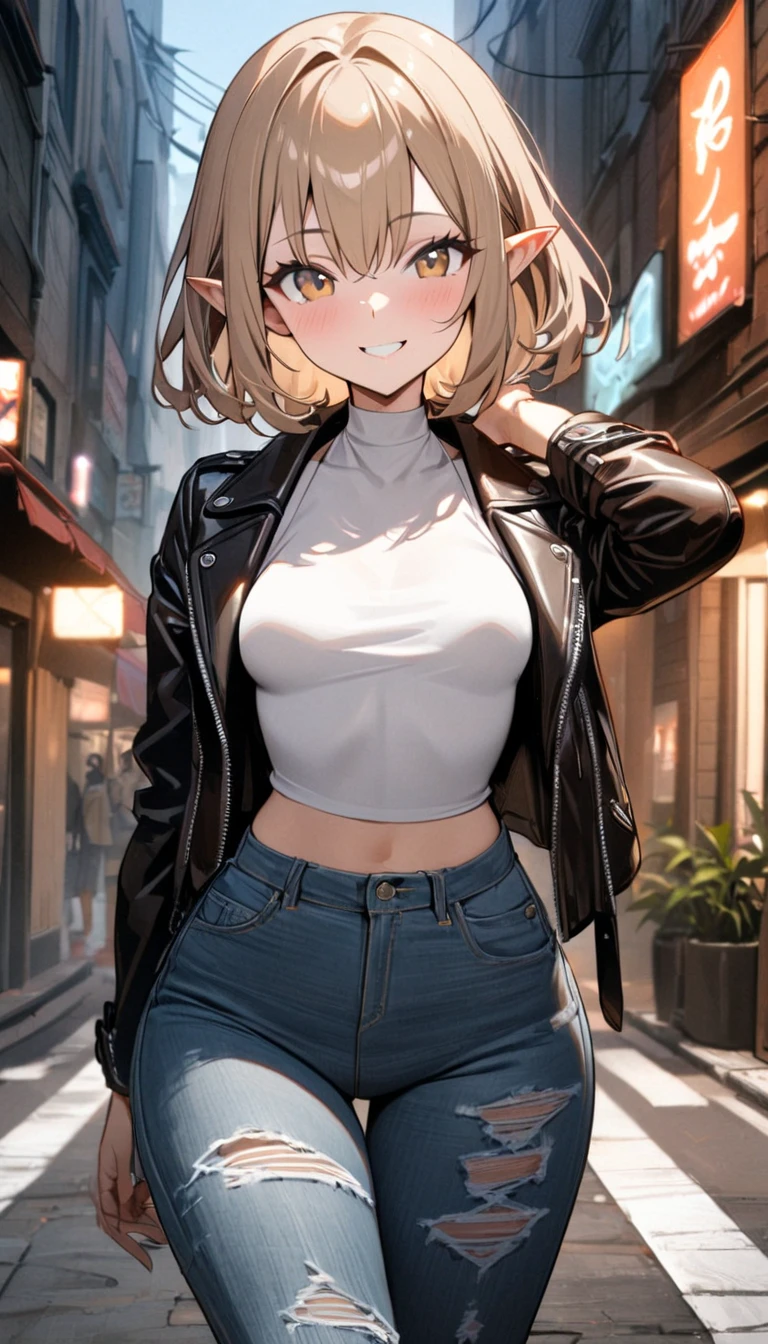  1 girl, Alone, Small breasts,  watching viewers,  wide hips, I々I have, Long Hair, Pointy ears,( light brown hair , short hair、),Best Quality、masterpiece、  ultra high resolution 、Beautiful smile、 Leather Jacket、street、 street, Voodoo symbols are scattered on the microphone of ripped ripped jeans 