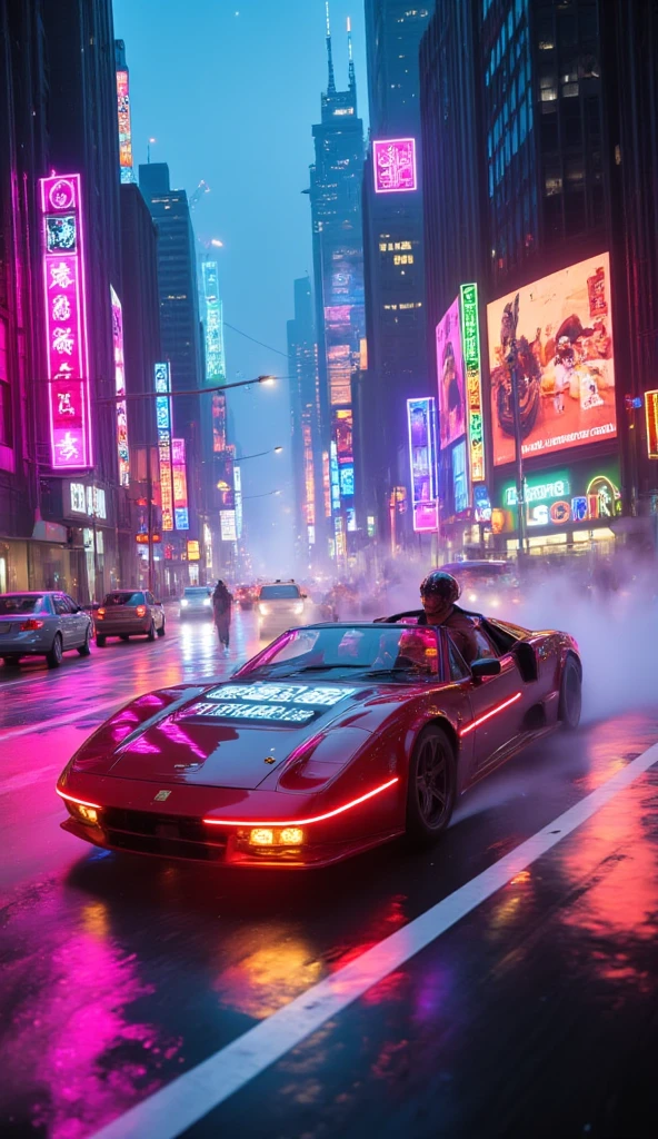 A hyper-realistic, ultra-detailed scene from the (first-person perspective) of a futuristic driver piloting a sleek, (high-tech flying car). The vehicle soars through the neon-lit, towering metropolis at night, weaving and maneuvering expertly between skyscrapers. These buildings are adorned with shimmering, neon signs that flicker and pulse in electric hues of pink, blue, green, and gold. The flying car hugs the narrow spaces between the massive structures, navigating tight turns and narrow gaps with precision, as the brilliant neon reflections cascade off its glossy surface.The interior of the car glows with the vibrant light from outside. (The high-tech dashboard features holographic displays projecting real-time data, navigation, and glowing air lane maps directly onto the windshield.) The driver feels the rush as the car dips and dives, zipping dangerously close to glass windows and illuminated billboards. The adrenaline of flying between buildings at high speed is palpable, each turn revealing breathtaking views of the bustling city.Outside, a steady misty rain falls, blurring the sharp edges of the surrounding towers. Raindrops splatter against the windshield, and sleek wipers glide smoothly, leaving trails of shimmering neon reflections.Each building pulses with life, lit by endless streams of neon, while steam rises from the streets below, swirling in the wake of passing vehicles.The flying car’s movements are synchronized with the rhythm of the city, soaring through layers of holographic traffic signals and passing other airborne vehicles.Every detail is in perfect focus: the rain-slick surfaces, the swirling fog, and the vibrant reflections of neon. The scene encapsulates the thrill and wonder of flying through a rain-soaked, neon-drenched urban canyon, where technology and adventure merge seamlessly in an electric, sky-high dreamscape.