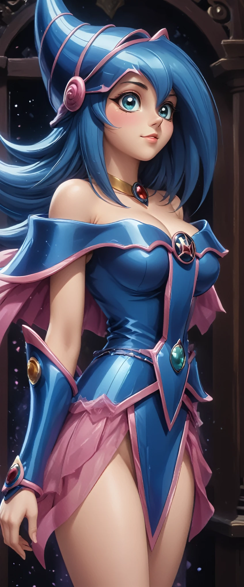 Dark magician girl NSFW, glass cover, upper body, side shot, alternate color, masterpiece, detailed illustration, lifelike, Pixiv top quality, exquisite, {{{Cute 1dark magician girl}}}, super beauty merging with the machine, elaborate shabby chic pattern, shiny beautiful woman, half of my body is made of machine, transparent glass body, the machine inside is transparent, cinematic lighting, dynamic angle, dynamic pose, yugioh blue-eyed white dragon forest, depth of field. Magic macaw at the bottom. Magic hearts showing your VOLUPTUOUS body, BIG TITS, BEAUTIFUL, SENSUAL, BLUSHING from head to toe, STROLLING IN THE CASTLE, SMILING PLAYING WITH MAGIC SEXY, BLONDE HAIR INTERACTING WITH MAGIC
