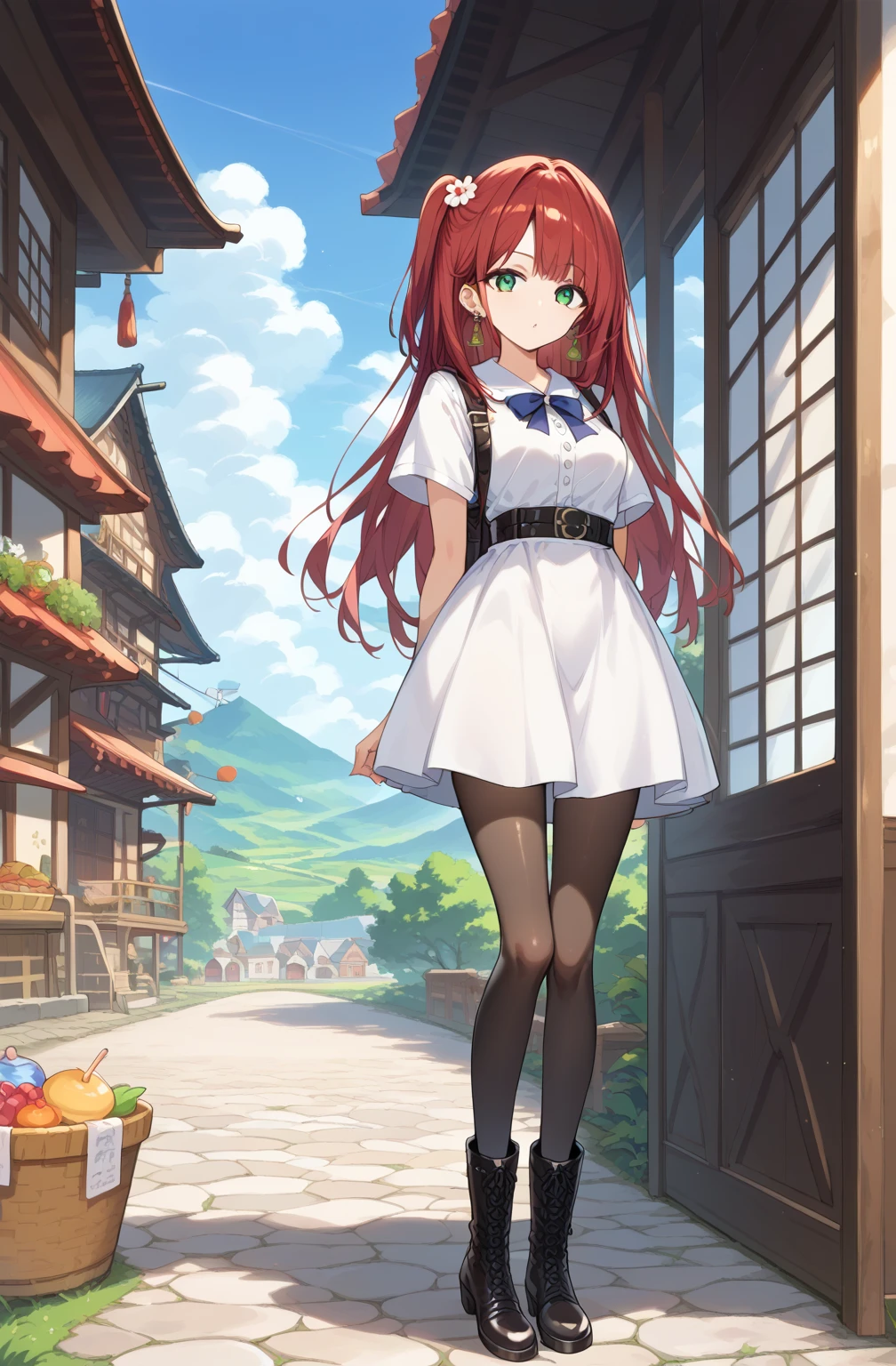 score_9, score_8_up, score_7_up, source_Cartoon, Morning Fragrance  ,   red hair, (green eyes, one side up),,hair accessories,   shiny skin , long hair,  Circle Earrings... White Leather Dress... Black Skinny Skirt.Leather Black Horse Boots ..Japanese Old Town Landscape ..Black pantyhose 