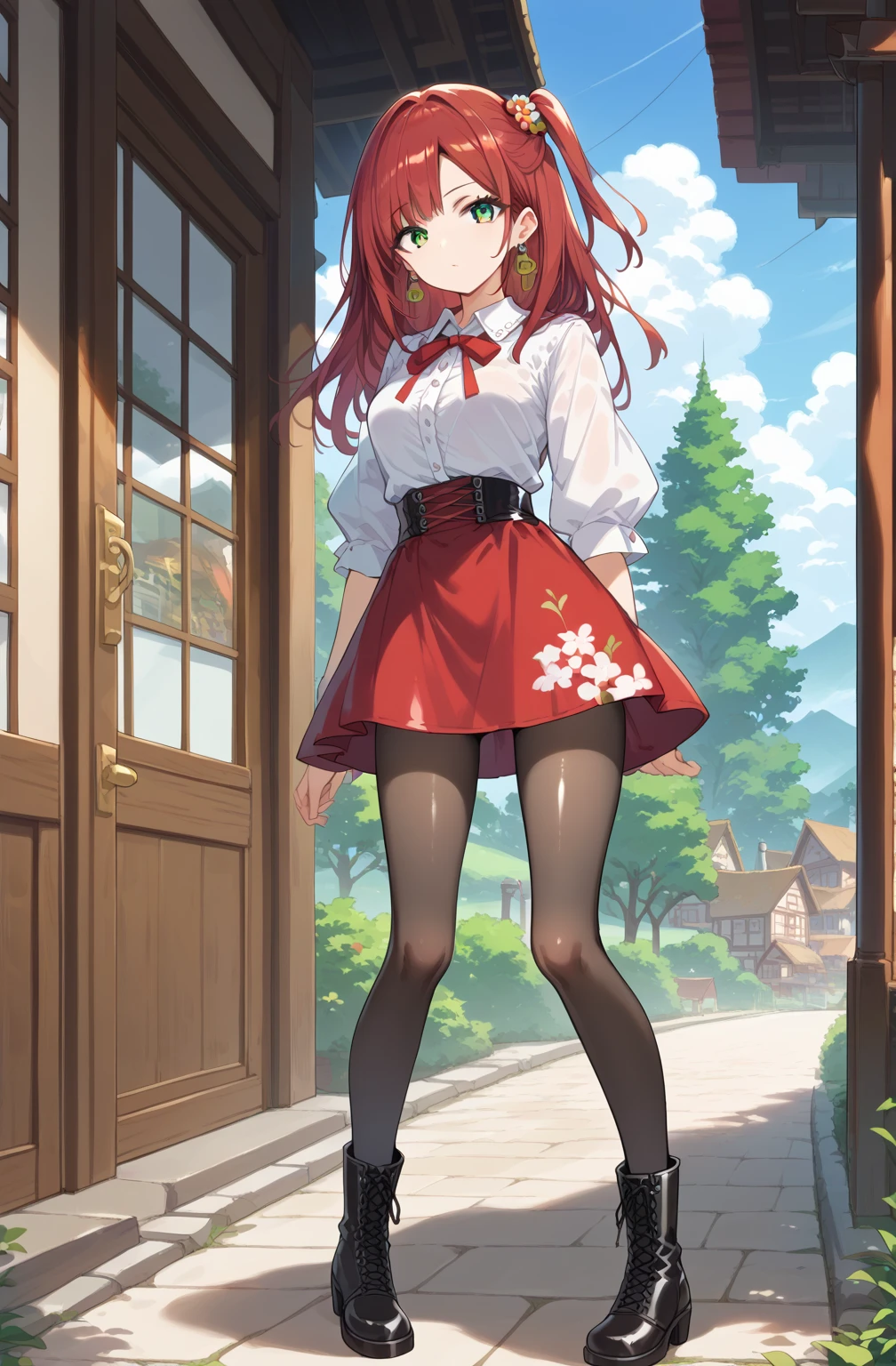 score_9, score_8_up, score_7_up, source_Cartoon, Morning Fragrance  ,   red hair, (green eyes, one side up),,hair accessories,   shiny skin , long hair,  Circle Earrings... White Leather Dress... Black Skinny Skirt.Leather Black Horse Boots ..Japanese Old Town Landscape ..Black pantyhose 