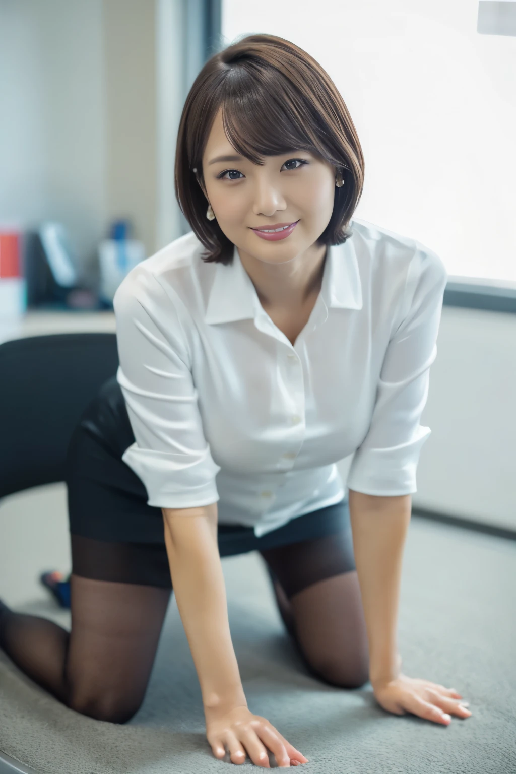 desktop, Best Quality, Realism, Meticulous details, High Resolution , Beautiful detailed eyes of a Japanese woman , beautiful detailed eyes , beautiful detailed lips, extremely detailed face , small head, small areola, Movie Light , Realistic photos, 【8k, High Quality , extremely detailed , ( is looking at the viewer:1.3),Smile,(formal shirt),(pencil skirt),(short hair:1.2),(random location),(Medium breasts:1.2),(Inami artwork ),slender,beautiful legs,(Cutting:1.3),( sexy posing ),mini skirt, ( Bokeh :1.3) (Black silk socks:1.2),( office lady :1.4),(on all fours:1.3)liquid on the body , liquid on the skin