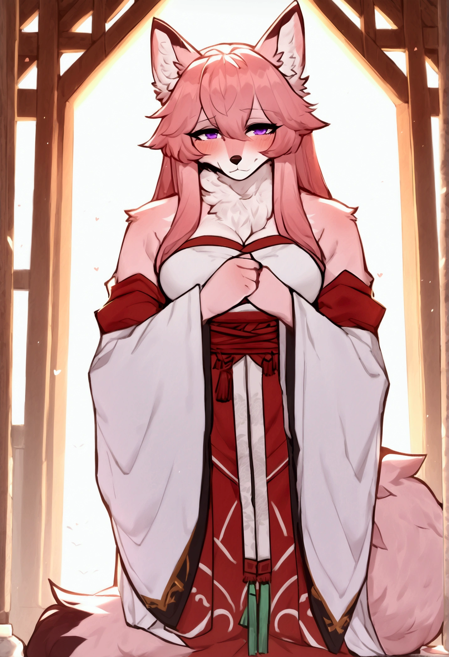 (top quality, best quality, Claweddrip, High-quality illustrations, masterpiece, perfect artwork, cinematic light and shading, 16k, 1080p, uploaded on e621)(kemono, furry, anthro, alone), 1 mature female, (very detailed body, face, tail, arms, hands, legs, head and eyes), fox, Yae Miko, (Genshin Impact), hunter body, mature body, big breasts, pink fur, fluffy, fluffy tail, shrine maiden long hair, perfect eyes, purple eyes, black pupils, beautiful shrine dress, beautiful legwear, beautiful shrine garden, body movement, body twitching, red blushing, shy, protective behavior, full body view