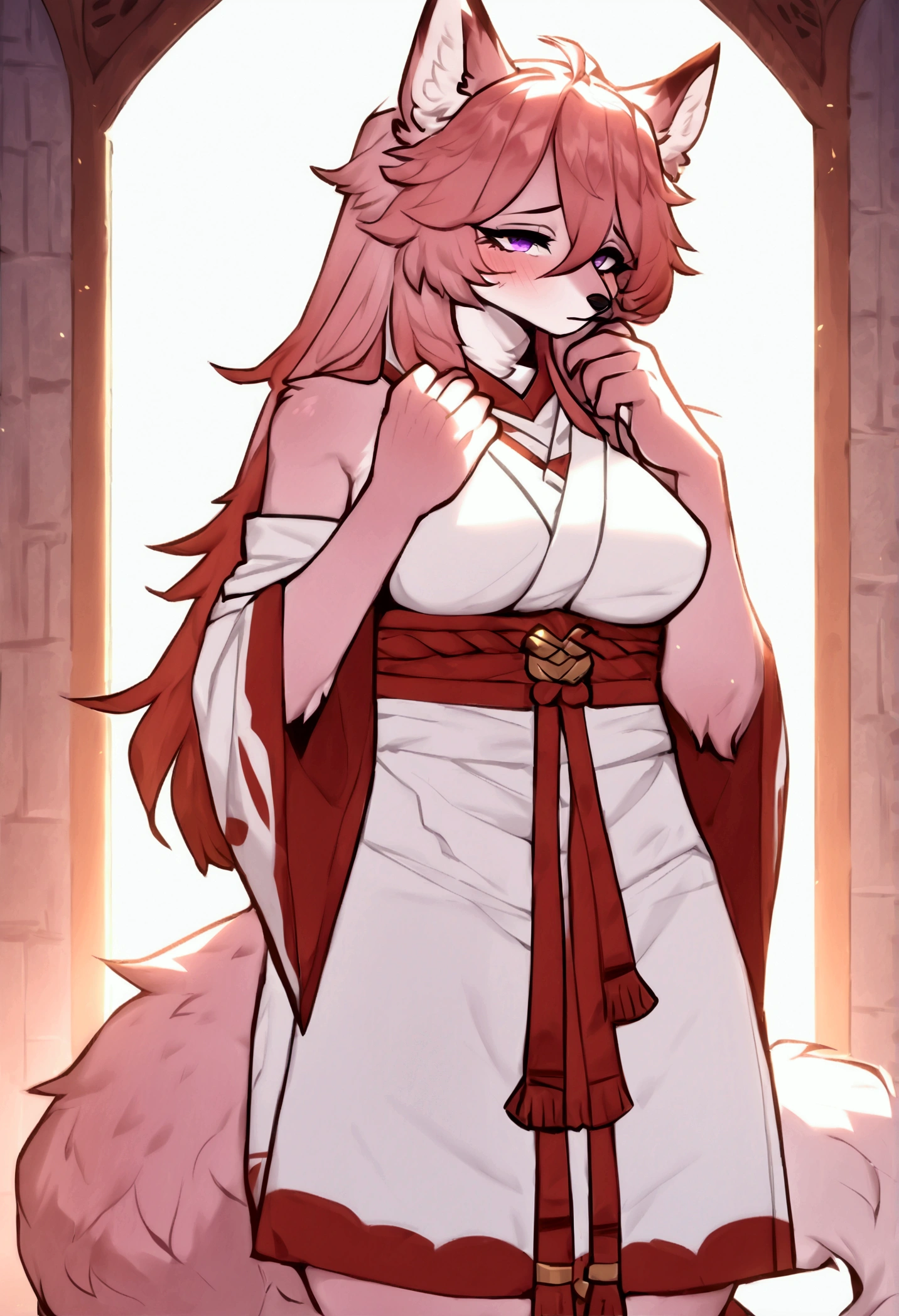 (top quality, best quality, Claweddrip, High-quality illustrations, masterpiece, perfect artwork, cinematic light and shading, 16k, 1080p, uploaded on e621)(kemono, furry, anthro, alone), 1 mature female, (very detailed body, face, tail, arms, hands, legs, head and eyes), fox, Yae Miko, (Genshin Impact), hunter body, mature body, big breasts, pink fur, fluffy, fluffy tail, shrine maiden long hair, perfect eyes, purple eyes, black pupils, beautiful shrine dress, beautiful legwear, beautiful shrine garden, body movement, body twitching, red blushing, shy, protective behavior, full body view