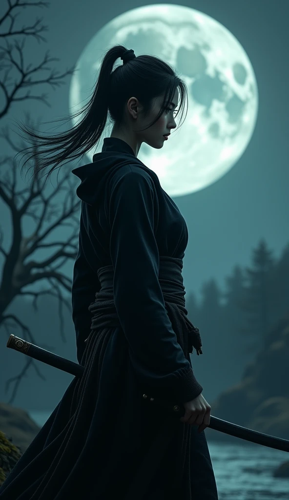 Samurai girl holding a big umbrella,smoking a cigarrete with a bunch of black shadows behinds him,long hair,fog,wind,night,highnoon,bamboo,grass on the ground,mud on the ground,film grain,,traditional japanese art,oriental,cinematic,sekiro,ghost of tsushima,handmade,art nouveau,detailed, sexy, nsfw detailed beauty face, all body shot