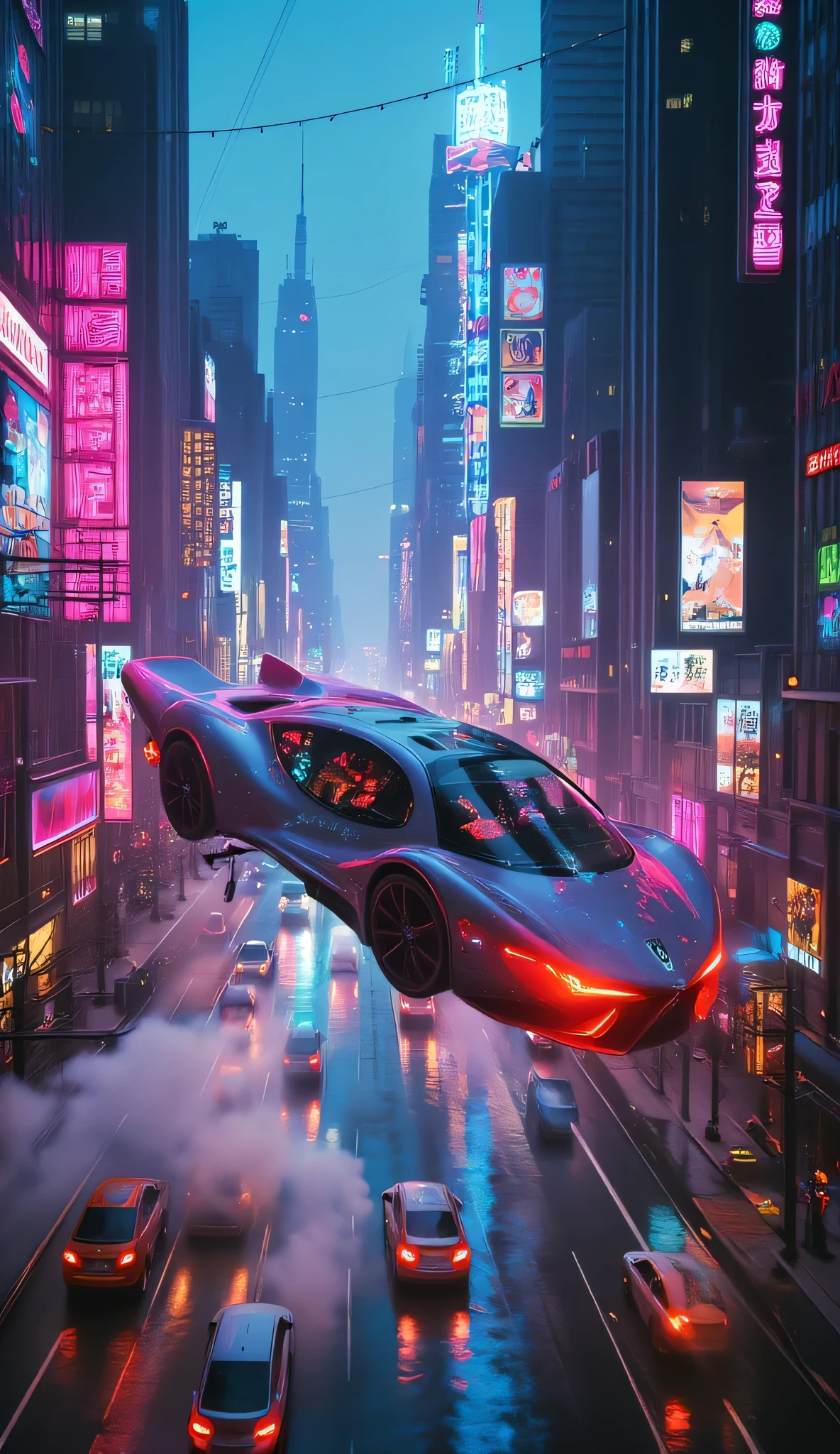 A hyper-realistic, ultra-detailed scene from the (first-person perspective) of a futuristic driver piloting a sleek, (high-tech flying car). The vehicle soars through the neon-lit, towering metropolis at night, weaving and maneuvering expertly between skyscrapers. These buildings are adorned with shimmering, neon signs that flicker and pulse in electric hues of pink, blue, green, and gold. The flying car hugs the narrow spaces between the massive structures, navigating tight turns and narrow gaps with precision, as the brilliant neon reflections cascade off its glossy surface.The interior of the car glows with the vibrant light from outside. (The high-tech dashboard features holographic displays projecting real-time data, navigation, and glowing air lane maps directly onto the windshield.) The driver feels the rush as the car dips and dives, zipping dangerously close to glass windows and illuminated billboards. The adrenaline of flying between buildings at high speed is palpable, each turn revealing breathtaking views of the bustling city.Outside, a steady misty rain falls, blurring the sharp edges of the surrounding towers. Raindrops splatter against the windshield, and sleek wipers glide smoothly, leaving trails of shimmering neon reflections.Each building pulses with life, lit by endless streams of neon, while steam rises from the streets below, swirling in the wake of passing vehicles.The flying car’s movements are synchronized with the rhythm of the city, soaring through layers of holographic traffic signals and passing other airborne vehicles.Every detail is in perfect focus: the rain-slick surfaces, the swirling fog, and the vibrant reflections of neon. The scene encapsulates the thrill and wonder of flying through a rain-soaked, neon-drenched urban canyon, where technology and adventure merge seamlessly in an electric, sky-high dreamscape.
