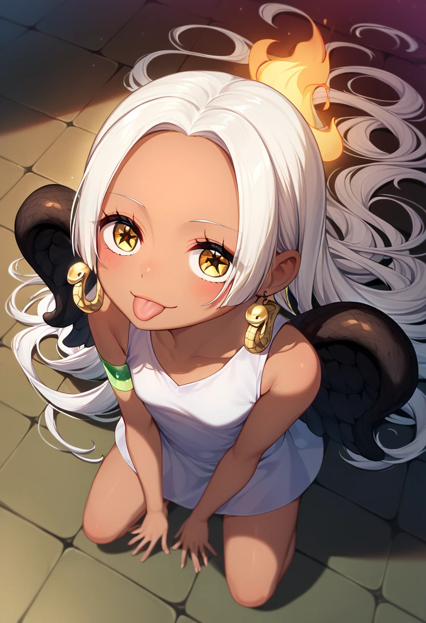 UHD, retina, textured skin, high details, high quality, best quality,  highres icon, 1080P, HD, 16k、 2 characters、 girl,Earthsnake , Long Hair, white hair, Brown Skin、,  earrings for a woman alone, Yellow Eyes, symbol-shaped pupils,  black wings  ,  small breasts.  sundress,  white dress,  sleeveless, armlet、 cute、Flames on the back、flat chest、full body、looking up、from above、squatting、 cute、 sexy、Stick one’s tongue out、