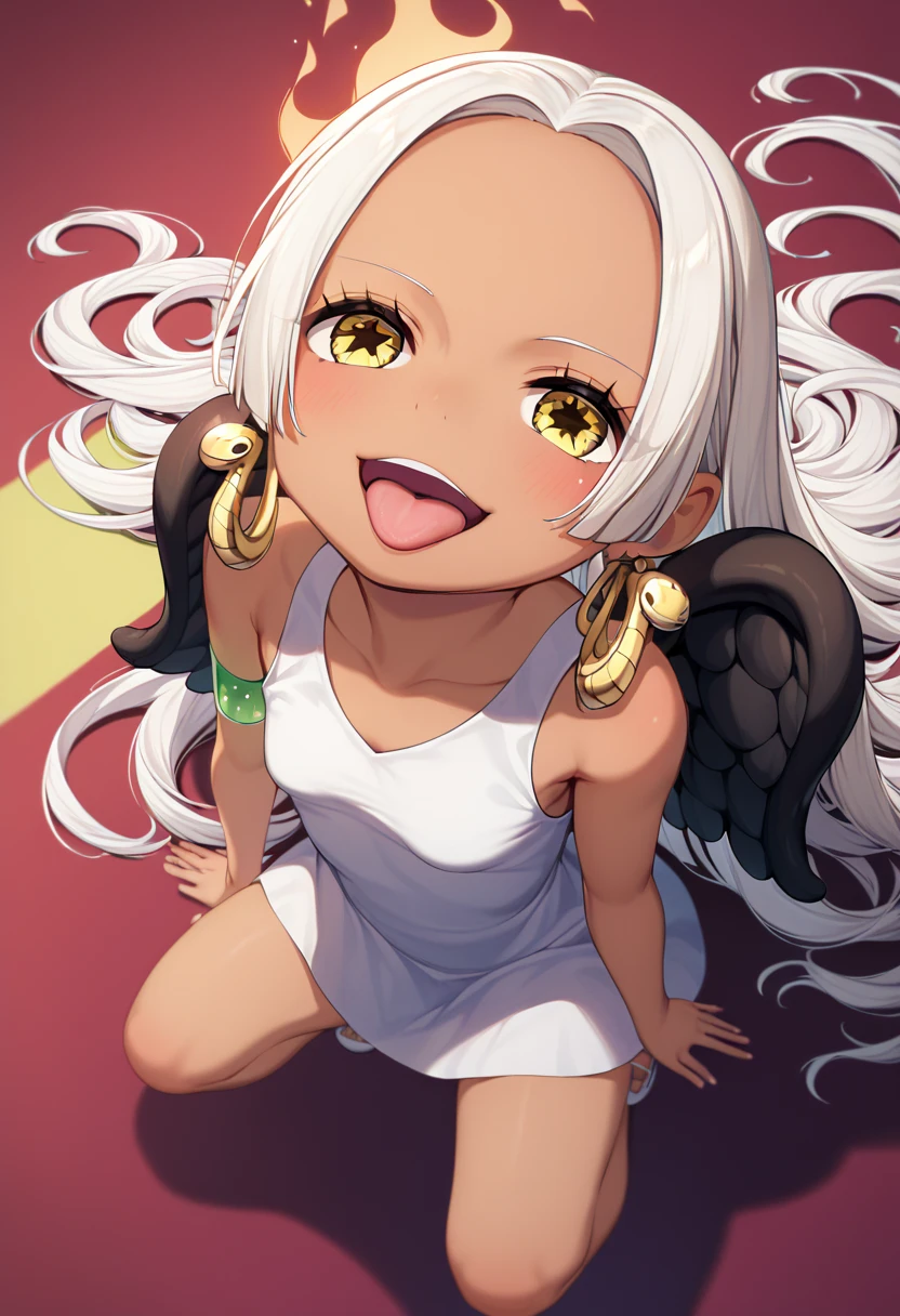 UHD, retina, textured skin, high details, high quality, best quality,  highres icon, 1080P, HD, 16k、 2 characters、 girl,Earthsnake , Long Hair, white hair, Brown Skin、,  earrings for a woman alone, Yellow Eyes, symbol-shaped pupils,  black wings  ,  small breasts.  sundress,  white dress,  sleeveless, armlet、 cute、Flames on the back、flat chest、full body、looking up、from above、squatting、 cute、 sexy、Stick one’s tongue out、