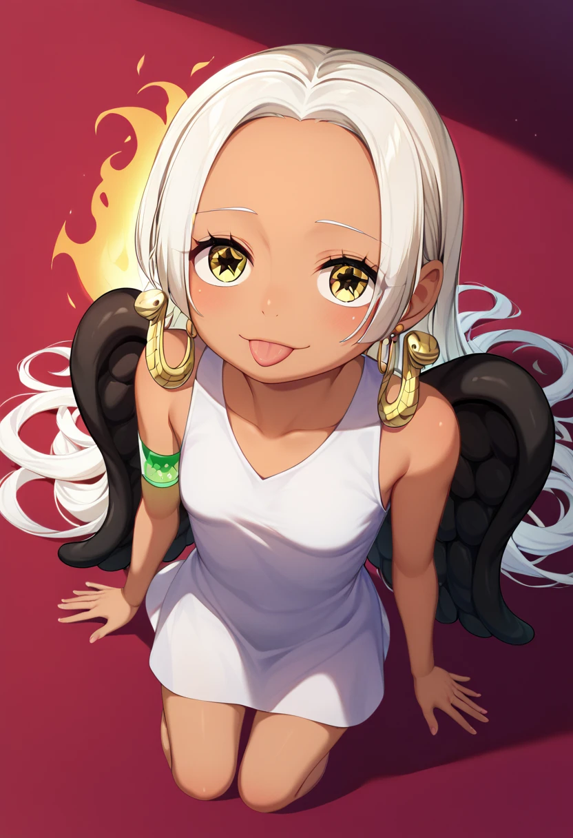 UHD, retina, textured skin, high details, high quality, best quality,  highres icon, 1080P, HD, 16k、 2 characters、 girl,Earthsnake , Long Hair, white hair, Brown Skin、,  earrings for a woman alone, Yellow Eyes, symbol-shaped pupils,  black wings  ,  small breasts.  sundress,  white dress,  sleeveless, armlet、 cute、Flames on the back、flat chest、full body、looking up、from above、squatting、 cute、 sexy、Stick one’s tongue out、