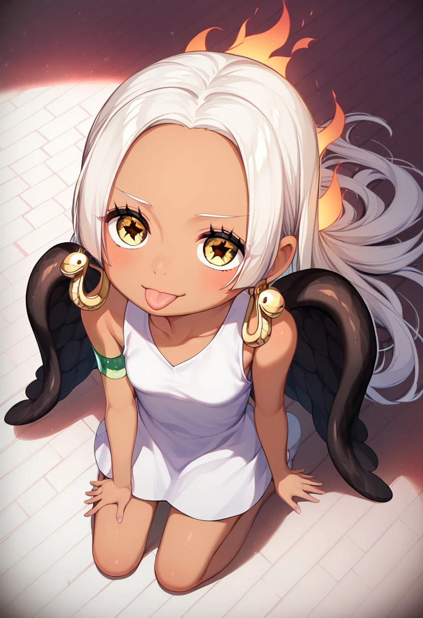 UHD, retina, textured skin, high details, high quality, best quality,  highres icon, 1080P, HD, 16k、 2 characters、 girl,Earthsnake , Long Hair, white hair, Brown Skin、,  earrings for a woman alone, Yellow Eyes, symbol-shaped pupils,  black wings  ,  small breasts.  sundress,  white dress,  sleeveless, armlet、 cute、Flames on the back、flat chest、full body、looking up、from above、squatting、 cute、 sexy、Stick one’s tongue out、