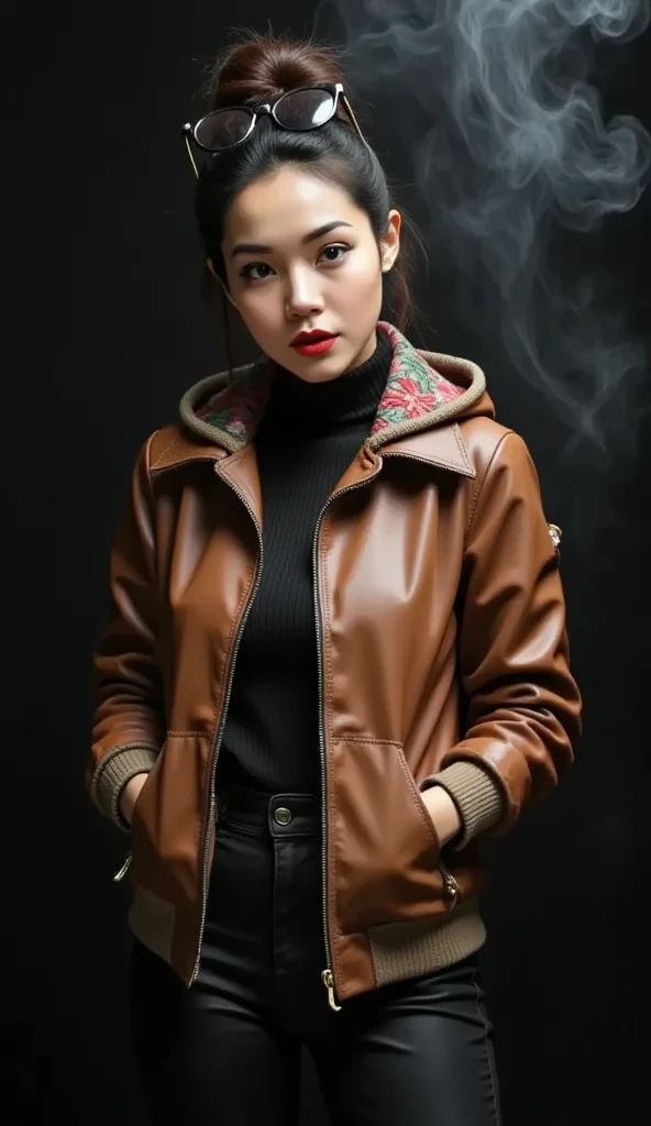 amira is wearing a designer jacket using expensive materials, from brownish black buffalo leather, with a Gucci motif inner lining accent, and a hoodie with a green, red and gold floral pattern. and black sequin fabric turtle neck top tucked inside latex pants, gold zipper, thick eyebrows, photorealistic, masterpiece, moncler, messy bun highlighted brown hair, open coat, gucci sunglasses on her head, lips pouting, pouts, void black background with smokes and nice lighting