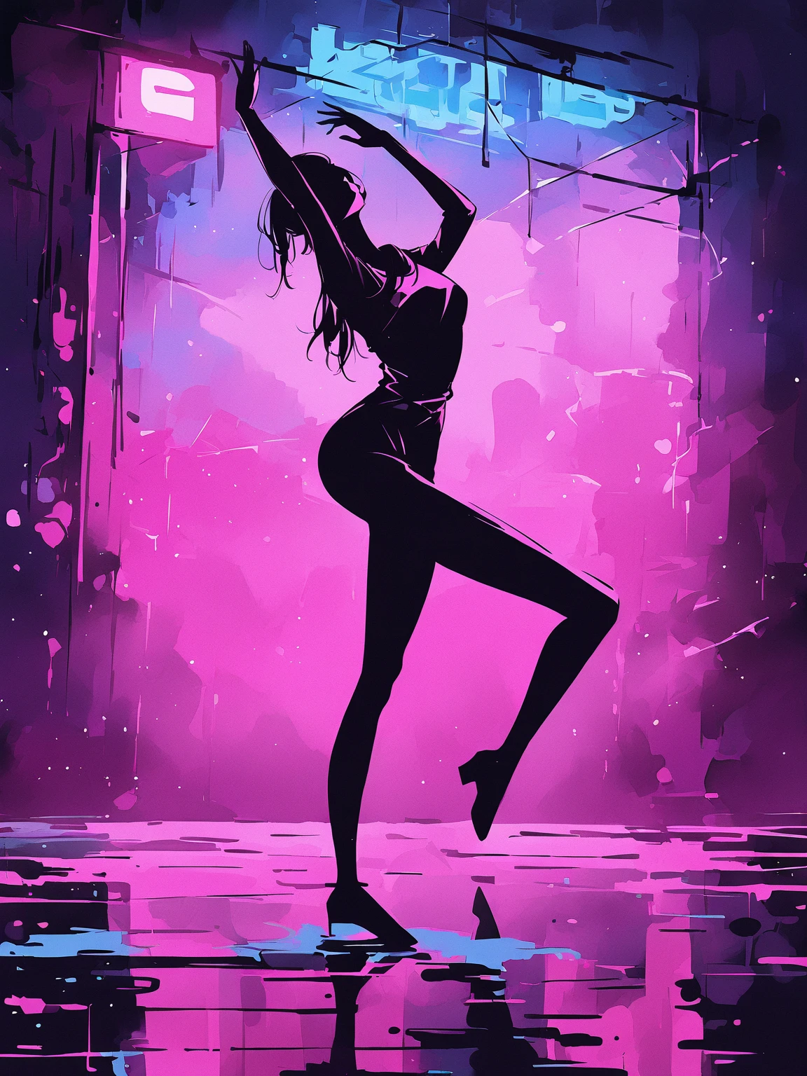 masterpiece, best quality, 1girl, young adult, dancing alone, full body shot, silhouette, old neon sign, (neon blue and pink lights:1.2), reflective wet pavement, fog, (lone figure:1.1), street fashion, mysterious atmosphere, dark surroundings, neon lights illuminating dancer, urban night scene, graceful pose, flowing movement, contemporary dance, empty street, cinematic composition, dramatic lighting, contrast between light and shadow, illustration style, 