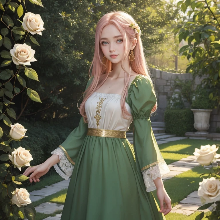 (Best Quality, masterpiece,  ultra high resolution), young女性, full length. Long and thin, Oval Face, Thin cheeks.  smaller, Clean your mouth. smile,  soft green eyes . Pale skin.  gold earrings in the ears . Wearing long clothes, Green Dress,  similar to medieval clothes ,  The sleeves of the dress are getting thinner ,  The part close to the arm is free , The neckline is  smaller,  lots at parties There are details, Gold embroidery. Best Quality,  ***1 person,  very delicate and beautiful , young,   Brownish Pink hair  ,  green eyes ,   Pinch Your Nose           , ( very young), ((Very beautiful)),  intellectual   ,  White Rose　cuteアニメの***Portrait of     ,           cute***  anime visual        ,  鮮やかでシャープなRPGwatercolor  ,  watercolor ,     garden background          ,  I have a book  　          fantasy　                  Light Background           　 Long hair ,           a book with eyes and eyebrows snuggle up     　 White Rose Garden without front hair　green eyes　hair&#39;Not tied down,  too much hair , Super Long hair,    red dress manipulating straight hair　European Castles　No front hair のスーパーロングヘア　One length　 medieval European dress  　No front hair 　 straight hair　 ***1 person, Alone, 1 personの***, 