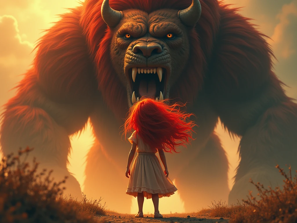 Beautiful red-haired Asian girl, ?????, big beast, holding a sign with the inscription "ROCK"