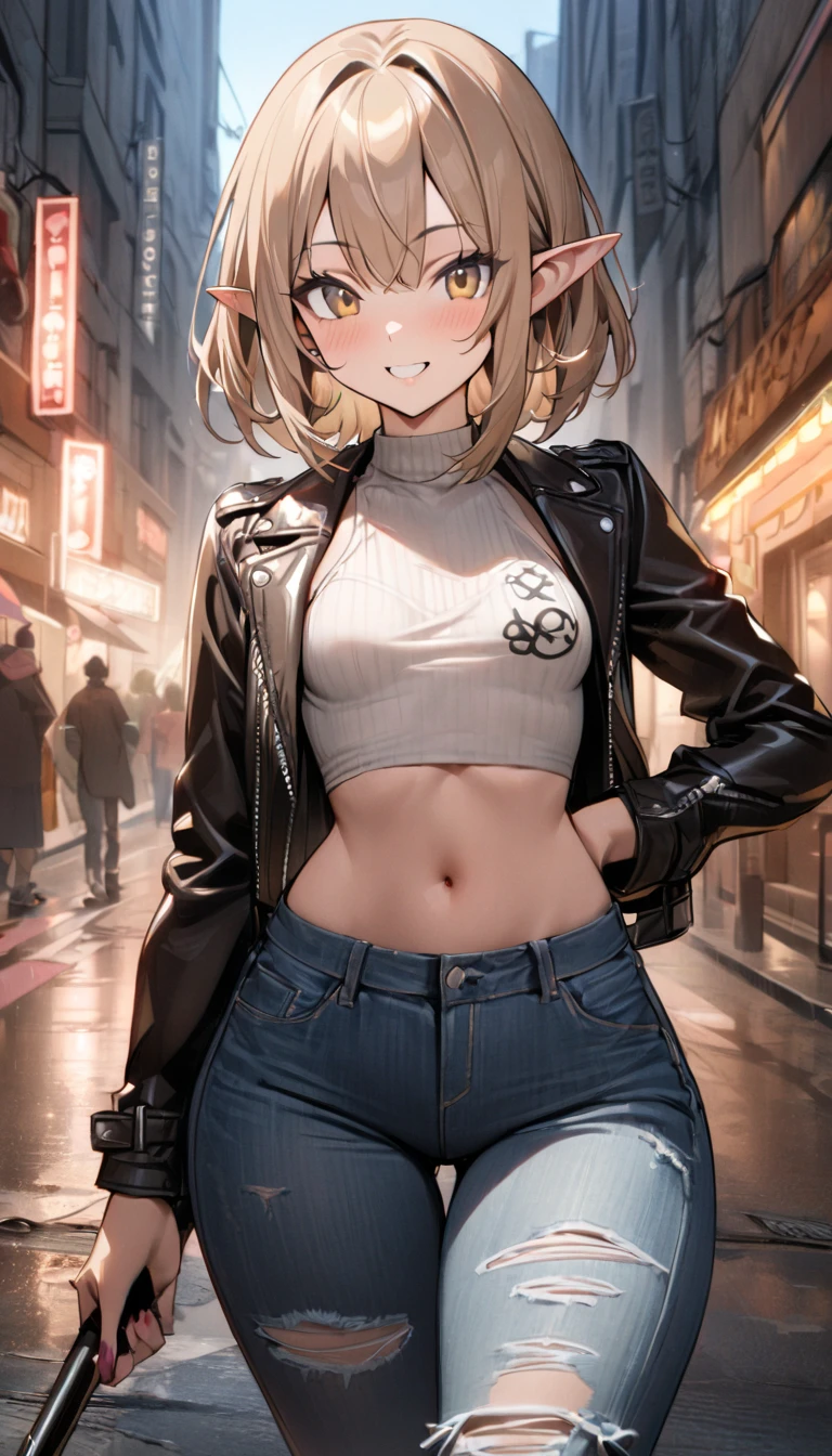  1 girl, Alone, Small breasts,  watching viewers,  wide hips, I々I have, Long Hair, Pointy ears,( light brown hair , short hair、),Best Quality、masterpiece、  ultra high resolution 、Beautiful smile、 Leather Jacket、street、 street, Voodoo symbols are scattered on the microphone of ripped ripped jeans 