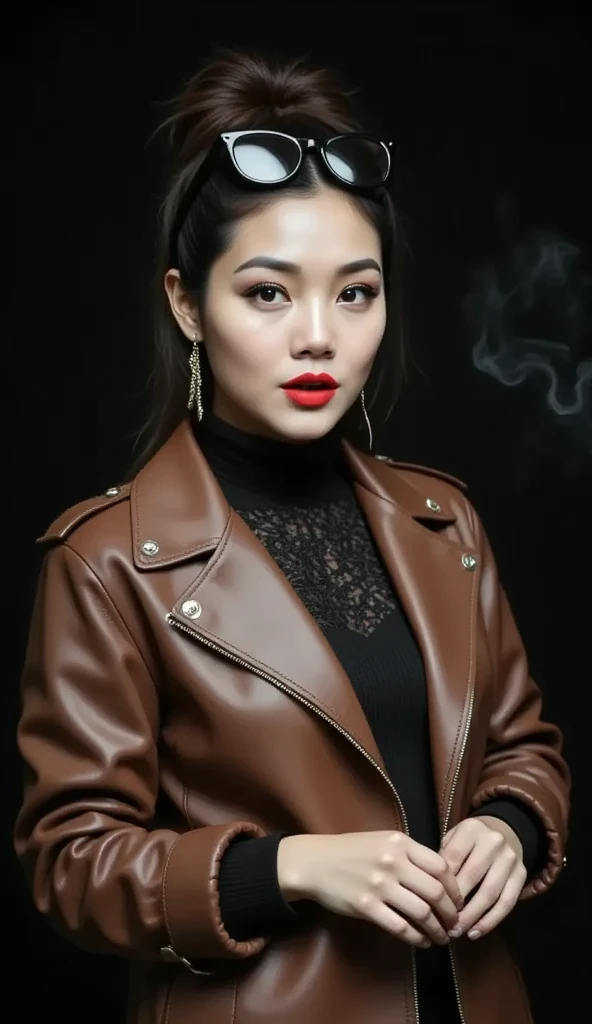 close up of amira is wearing a designer jacket using expensive materials, from brownish black buffalo leather, with a Gucci motif inner lining accent, and a hoodie with a green, red and gold floral pattern. and black sequin fabric turtle neck top tucked inside latex pants, gold zipper, thick eyebrows, photorealistic, masterpiece, moncler, messy bun highlighted brown hair, open coat, gucci sunglasses on her head, lips pouting, pouts, void black background with smokes and nice lighting, soft box