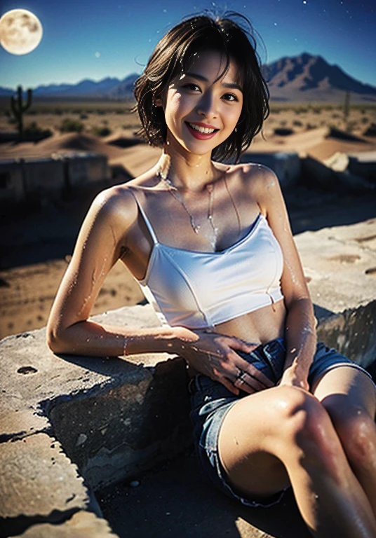 (((口を大きく開けて sticking out her tongue ))), (((Aerial photography))), (((The desert in the background is reminiscent of Mad Max.))) , (((night))), (((Starry sky and moon))),A boldly composed photograph of a Japanese woman that looks like it was taken by a famous artistic photographer, (((Blockbuster art photography)), (8k, Best Quality). A stunning composition using a model with excellent proportions.  perfect beauty model with a confident and balanced appearance, ((Best Quality質)), ((masterpiece)), ((Best Quality質のリアルな写真)), ((Photographed with Hasselblad)), ((Best photo quality)),  pretty woman smiling at schoolの画像, super resolution,Slim and perfectly proportioned,  pretty woman smiling at school, ((Best Quality質, 8k, masterpiece: 1.3)),  pretty woman smiling at school, 1 female,  slender figure: 1.1,  perfect beauty, 20 years old, (Realistic: 1.4),  ahe face, Shining Sweat, Art photo composition with space around the woman,  see-through ,  full body photo,  anatomically correct hand,  anatomically correct leg, Anatomically correct whole body, White camisole and shorts.  cowboy shots, ((( holding down my crotch with my hands))).  open the foot , Drinking Calpis while showering, Nipples protruding,, (((My camisole is wet with Calpis))), (((Being drunk))), ((( drool ))), (((Lying on one&#39;s back))), (((The background is a vast desert landscape))), (((night))), (((Starry sky and moon))), (((The desert in the background is reminiscent of Mad Max.)))) , (((Aerial photography))), (((Kneeling))), (((A composition that gives a sense of 3D depth))), ((( hair fluttering in the wind ))), ((( sticking out her tongue ))), Nipples protruding, ((( spread his legs))), 