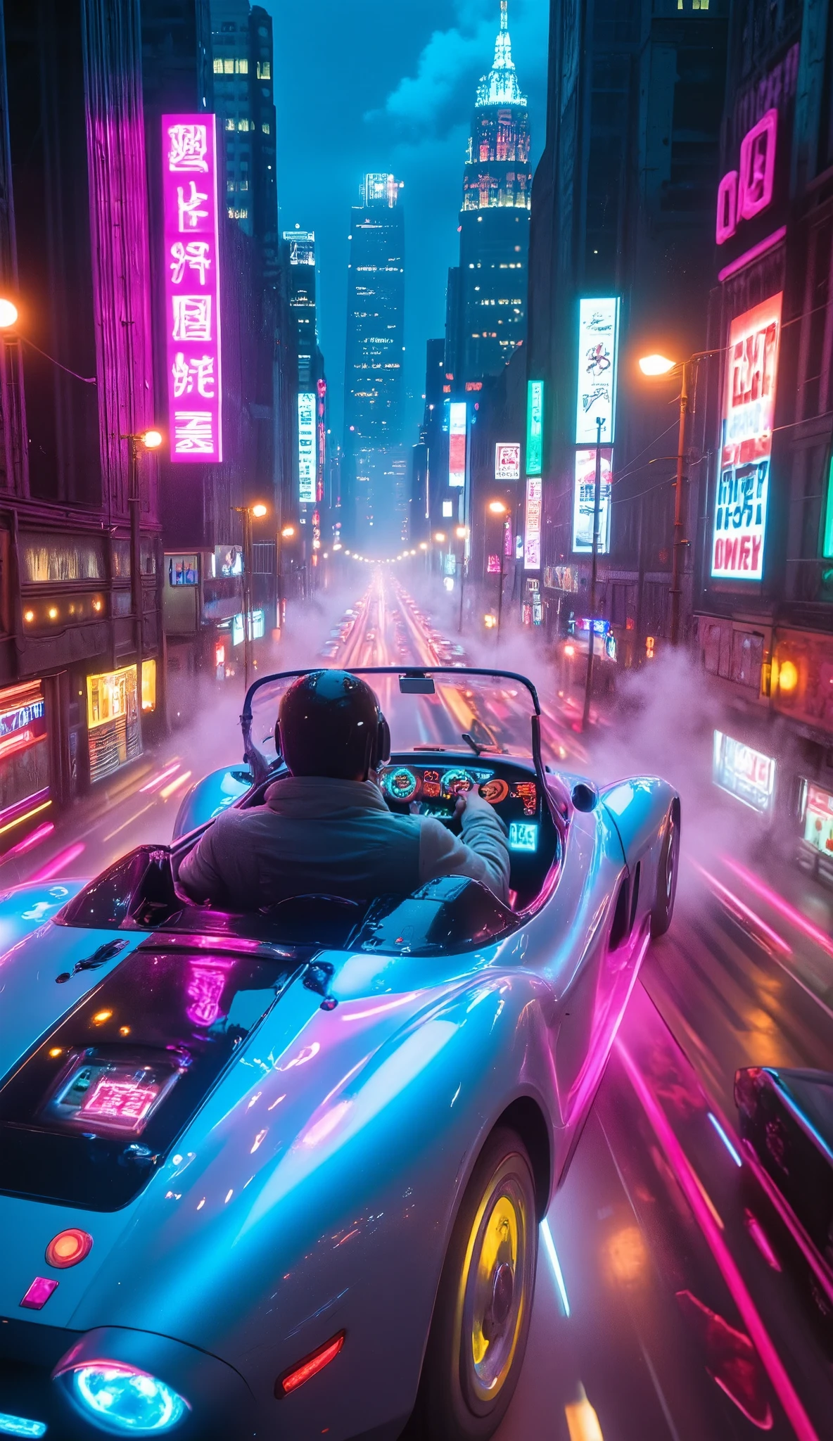 A hyper-realistic, ultra-detailed scene from the (first-person perspective) of a futuristic driver piloting a sleek, (high-tech flying car). The vehicle soars through the neon-lit, towering metropolis at night, weaving and maneuvering expertly between skyscrapers. These buildings are adorned with shimmering, neon signs that flicker and pulse in electric hues of pink, blue, green, and gold. The flying car hugs the narrow spaces between the massive structures, navigating tight turns and narrow gaps with precision, as the brilliant neon reflections cascade off its glossy surface.The interior of the car glows with the vibrant light from outside. (The high-tech dashboard features holographic displays projecting real-time data, navigation, and glowing air lane maps directly onto the windshield.) The driver feels the rush as the car dips and dives, zipping dangerously close to glass windows and illuminated billboards. The adrenaline of flying between buildings at high speed is palpable, each turn revealing breathtaking views of the bustling city.Outside, a steady misty rain falls, blurring the sharp edges of the surrounding towers. Raindrops splatter against the windshield, and sleek wipers glide smoothly, leaving trails of shimmering neon reflections.Each building pulses with life, lit by endless streams of neon, while steam rises from the streets below, swirling in the wake of passing vehicles.The flying car’s movements are synchronized with the rhythm of the city, soaring through layers of holographic traffic signals and passing other airborne vehicles.Every detail is in perfect focus: the rain-slick surfaces, the swirling fog, and the vibrant reflections of neon. The scene encapsulates the thrill and wonder of flying through a rain-soaked, neon-drenched urban canyon, where technology and adventure merge seamlessly in an electric, sky-high dreamscape.