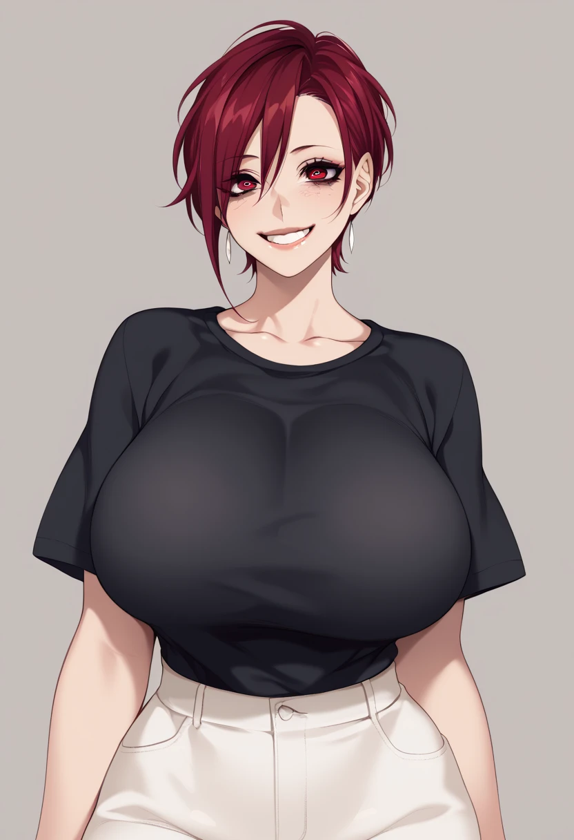 (Masterpiece:1.2, Best Quality), 1 woman, whole body, T-shirt, Casual, huge breasts,by the wide vrojo, minimal makeup,pale,Natural fabrics, closeup face, evil smile, bright red eyes circular pupils,8K high resolution, detailed lines, ((whole body)) female mature body, hair cut BoB