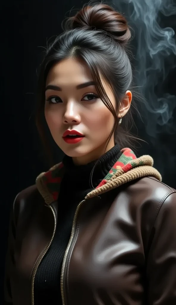 amira is wearing a designer jacket using expensive materials, from brownish black buffalo leather, with a Gucci motif inner lining accent, and a hoodie with a green, red and gold floral pattern. and black sequin fabric turtle neck top tucked inside latex pants, gold zipper, thick eyebrows, photorealistic, masterpiece, moncler, messy bun highlighted brown hair, open coat, gucci sunglasses on her head, lips pouting, pouts, void black background with smokes and nice lighting