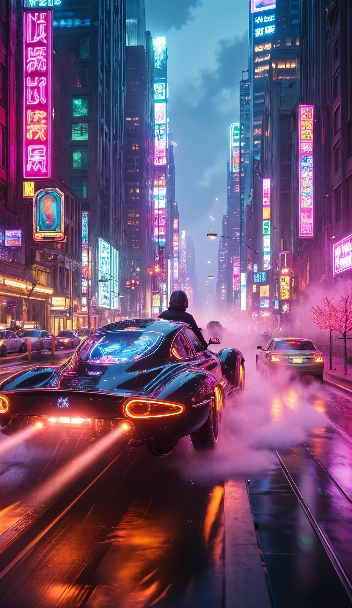 A hyper-realistic, ultra-detailed scene from the (first-person perspective) of a futuristic driver piloting a sleek, (high-tech flying car). The vehicle soars through the neon-lit, towering metropolis at night, weaving and maneuvering expertly between skyscrapers. These buildings are adorned with shimmering, neon signs that flicker and pulse in electric hues of pink, blue, green, and gold. The flying car hugs the narrow spaces between the massive structures, navigating tight turns and narrow gaps with precision, as the brilliant neon reflections cascade off its glossy surface.The interior of the car glows with the vibrant light from outside. (The high-tech dashboard features holographic displays projecting real-time data, navigation, and glowing air lane maps directly onto the windshield.) The driver feels the rush as the car dips and dives, zipping dangerously close to glass windows and illuminated billboards. The adrenaline of flying between buildings at high speed is palpable, each turn revealing breathtaking views of the bustling city.Outside, a steady misty rain falls, blurring the sharp edges of the surrounding towers. Raindrops splatter against the windshield, and sleek wipers glide smoothly, leaving trails of shimmering neon reflections.Each building pulses with life, lit by endless streams of neon, while steam rises from the streets below, swirling in the wake of passing vehicles.The flying car’s movements are synchronized with the rhythm of the city, soaring through layers of holographic traffic signals and passing other airborne vehicles.Every detail is in perfect focus: the rain-slick surfaces, the swirling fog, and the vibrant reflections of neon. The scene encapsulates the thrill and wonder of flying through a rain-soaked, neon-drenched urban canyon, where technology and adventure merge seamlessly in an electric, sky-high dreamscape.