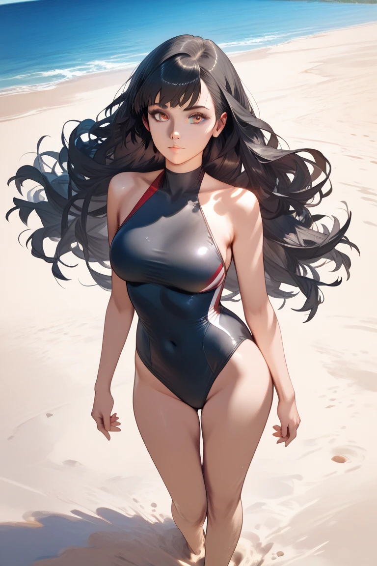 ((black hair, long hair, straight hair, hair down)), burgundy eyes, ((black swimsuit)), Lorraine Archibalt, woman, facing the viewer, ((best quality, high quality)), ((beach, sand)), standing, masterpiece