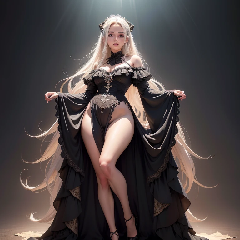 nsfw, ((full body)), (full body in view, full body visible, body forward facing, full body shot: 1.9, full body view:1.9, wide angle:1.2, zoom out, forward facing view), 8K raw photo, Best quality, masterpiece, ultra high res, looking at viewer, ((A 10 year old girl, Beatrix Anerhauser (Zom 100))), long wavy blonde hair, twin tails, natural skin texture, Big Eyes:1.8, Exquisite Eyes:1.5, Glowing Ice Blue Eyes:1.8, almond-shaped eyes, eye-shadow:1.5, intensify in many eyelashes, blonde eyelashes, perfectly arched eyebrows, many eyelashes, and face details, rouge cheeks, small nose, cute nose, button nose, full lips, parted lips, smile expression:1.7, perfect teeth, red lipstick:1.2, small nose, cute nose, button nose, beautiful legs, tall female, skinny, long_legs:1.7, slim_legs:1.8, thin_thighs:1.8, thigh_gap:1.8, ((tiny waist:1.8, small hips:1.8)), supermodel, gymnast body, small breasts, shaved pubic area, bald pussy, flat grey background, naked, black silk stockings, black high heels, perfect feet, ((sexy standing pose:1.7, legs spread)), ((full body)), (full body in view, full body visible, body forward facing, full body shot:1.9, full body view:1.9, wide angle:1.0, zoom out, forward facing view, long slender legs in frame, beautiful face in frame, naked, nude), (nsfw, nude, uncensored), ((full body, completely nude, full body in frame)), a young woman in a bikini posing for a picture in a studio, photo of slim girl model, bikini model, 10 year old female model, model with attractive body, feminine slim figure, full body shot, sexy girl, photo of slim girl, sultry body with sexy abs, gorgeous fitness model, beautiful fashion model body, attractive body, full body shot
