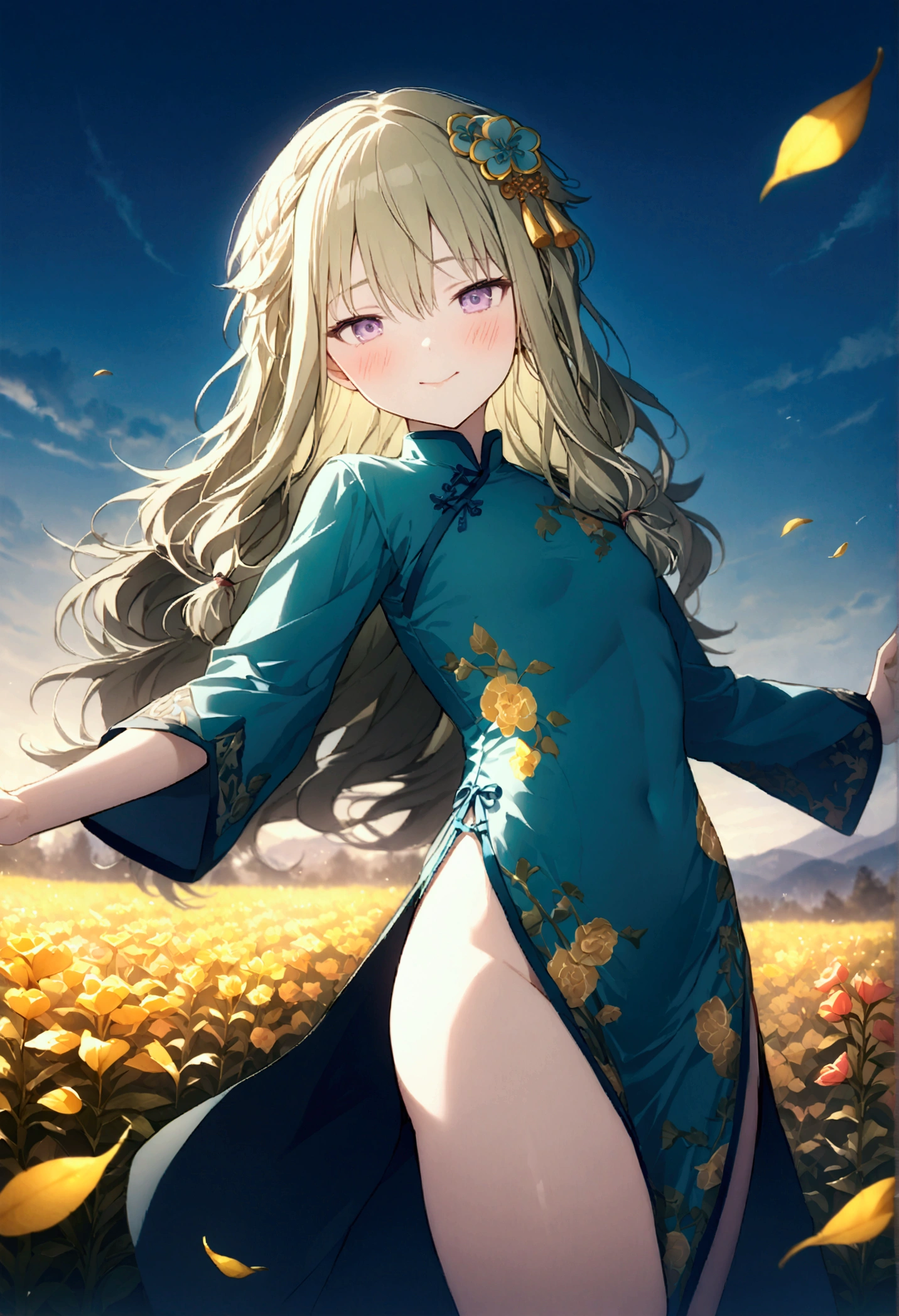 High image quality 、masterpiece、 High Quality  、Full HD、4K 、Side view、Kusanagi Nin々、Green long hair 、Yellow hair ornament、Pigtails、 purple eyes、slim、green china dress、 smile、Blushing cheeks 、 Reach Out 、Open your arms、Red  on cheeks、 flat chest、 show me your thighs、It's spinning in a field of flowers、blue sky