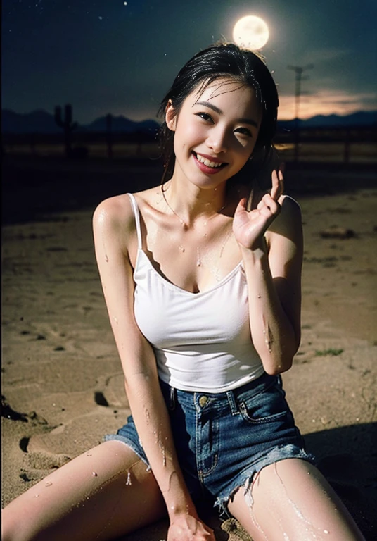 (((口を大きく開けて sticking out her tongue ))), (((Aerial photography))), (((The desert in the background is reminiscent of Mad Max.))) , (((night))), (((Starry sky and moon))),A boldly composed photograph of a Japanese woman that looks like it was taken by a famous artistic photographer, (((Blockbuster art photography)), (8k, Best Quality). A stunning composition using a model with excellent proportions.  perfect beauty model with a confident and balanced appearance, ((Best Quality質)), ((masterpiece)), ((Best Quality質のリアルな写真)), ((Photographed with Hasselblad)), ((Best photo quality)),  pretty woman smiling at schoolの画像, super resolution,Slim and perfectly proportioned,  pretty woman smiling at school, ((Best Quality質, 8k, masterpiece: 1.3)),  pretty woman smiling at school, 1 female,  slender figure: 1.1,  perfect beauty, 20 years old, (Realistic: 1.4),  ahe face, Shining Sweat, Art photo composition with space around the woman,  see-through ,  full body photo,  anatomically correct hand,  anatomically correct leg, Anatomically correct whole body, White camisole and shorts.  cowboy shots, ((( holding down my crotch with my hands))).  open the foot , Drinking Calpis while showering, Nipples protruding,, (((My camisole is wet with Calpis))), (((Being drunk))), ((( drool ))), (((Lying on one&#39;s back))), (((The background is a vast desert landscape))), (((night))), (((Starry sky and moon))), (((The desert in the background is reminiscent of Mad Max.)))) , (((Aerial photography))), (((Kneeling))), (((A composition that gives a sense of 3D depth))), ((( hair fluttering in the wind ))), ((( sticking out her tongue ))), Nipples protruding, ((( spread his legs))), 