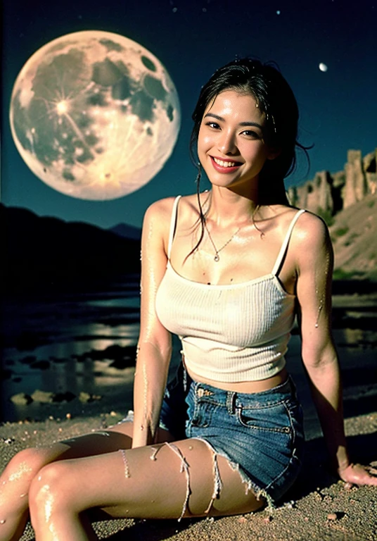 (((口を大きく開けて sticking out her tongue ))), (((Aerial photography))), (((The desert in the background is reminiscent of Mad Max.))) , (((night))), (((Starry sky and moon))),A boldly composed photograph of a Japanese woman that looks like it was taken by a famous artistic photographer, (((Blockbuster art photography)), (8k, Best Quality). A stunning composition using a model with excellent proportions.  perfect beauty model with a confident and balanced appearance, ((Best Quality質)), ((masterpiece)), ((Best Quality質のリアルな写真)), ((Photographed with Hasselblad)), ((Best photo quality)),  pretty woman smiling at schoolの画像, super resolution,Slim and perfectly proportioned,  pretty woman smiling at school, ((Best Quality質, 8k, masterpiece: 1.3)),  pretty woman smiling at school, 1 female,  slender figure: 1.1,  perfect beauty, 20 years old, (Realistic: 1.4),  ahe face, Shining Sweat, Art photo composition with space around the woman,  see-through ,  full body photo,  anatomically correct hand,  anatomically correct leg, Anatomically correct whole body, White camisole and shorts.  cowboy shots, ((( holding down my crotch with my hands))).  open the foot , Drinking Calpis while showering, Nipples protruding,, (((My camisole is wet with Calpis))), (((Being drunk))), ((( drool ))), (((Lying on one&#39;s back))), (((The background is a vast desert landscape))), (((night))), (((Starry sky and moon))), (((The desert in the background is reminiscent of Mad Max.)))) , (((Aerial photography))), (((Kneeling))), (((A composition that gives a sense of 3D depth))), ((( hair fluttering in the wind ))), ((( sticking out her tongue ))), Nipples protruding, ((( spread his legs))), 