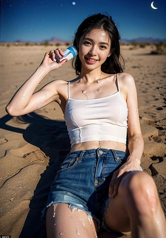 (((口を大きく開けて sticking out her tongue ))), (((Aerial photography))), (((The desert in the background is reminiscent of Mad Max.))) , (((night))), (((Starry sky and moon))),A boldly composed photograph of a Japanese woman that looks like it was taken by a famous artistic photographer, (((Blockbuster art photography)), (8k, Best Quality). A stunning composition using a model with excellent proportions.  perfect beauty model with a confident and balanced appearance, ((Best Quality質)), ((masterpiece)), ((Best Quality質のリアルな写真)), ((Photographed with Hasselblad)), ((Best photo quality)),  pretty woman smiling at schoolの画像, super resolution,Slim and perfectly proportioned,  pretty woman smiling at school, ((Best Quality質, 8k, masterpiece: 1.3)),  pretty woman smiling at school, 1 female,  slender figure: 1.1,  perfect beauty, 20 years old, (Realistic: 1.4),  ahe face, Shining Sweat, Art photo composition with space around the woman,  see-through ,  full body photo,  anatomically correct hand,  anatomically correct leg, Anatomically correct whole body, White camisole and shorts.  cowboy shots, ((( holding down my crotch with my hands))).  open the foot , Drinking Calpis while showering, Nipples protruding,, (((My camisole is wet with Calpis))), (((Being drunk))), ((( drool ))), (((Lying on one&#39;s back))), (((The background is a vast desert landscape))), (((night))), (((Starry sky and moon))), (((The desert in the background is reminiscent of Mad Max.)))) , (((Aerial photography))), (((Kneeling))), (((A composition that gives a sense of 3D depth))), ((( hair fluttering in the wind ))), ((( sticking out her tongue ))), Nipples protruding, ((( spread his legs))), 