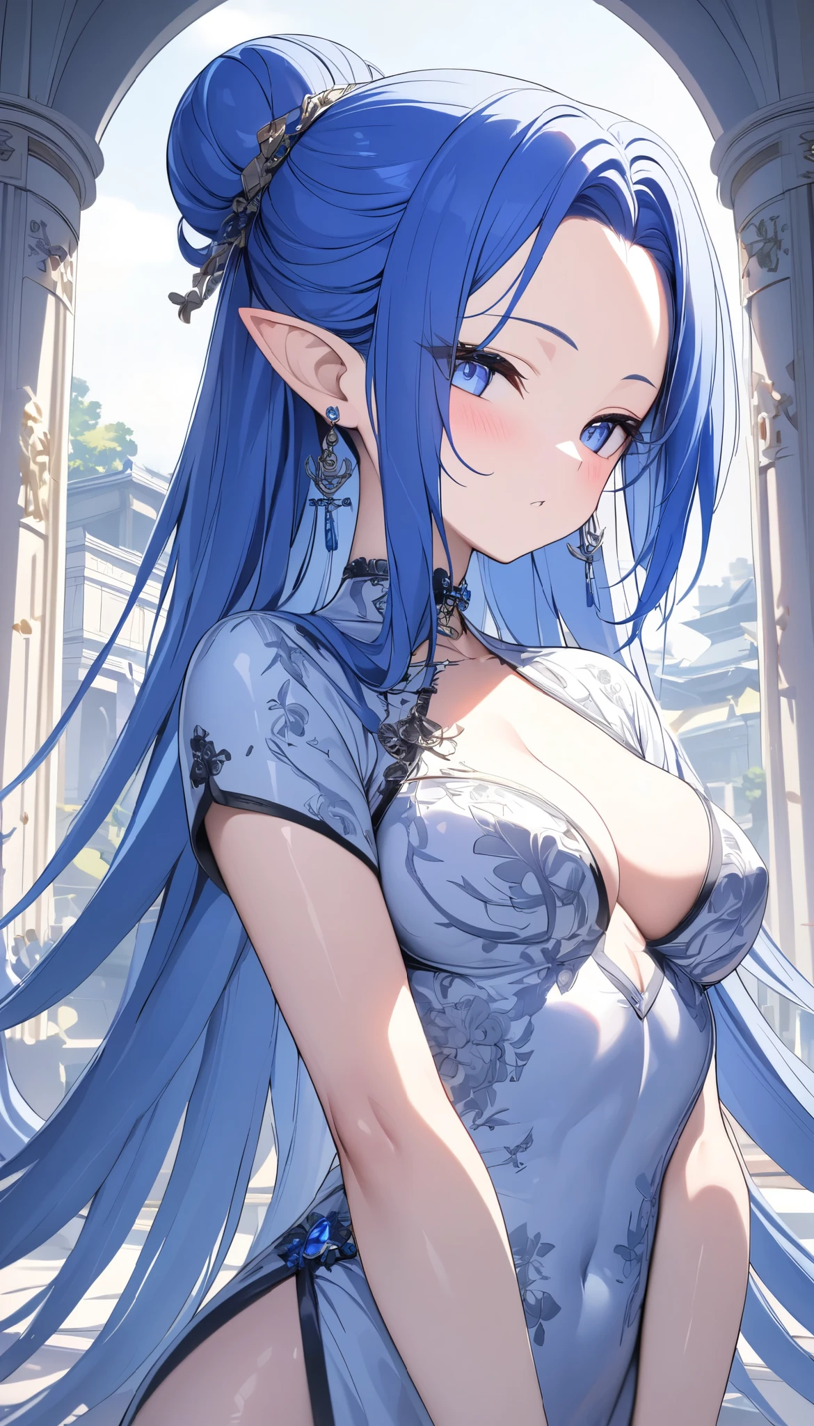 (((Best quality, 8k, Masterpiece: 1.3)), ((best quality)), ((masterpiece)), (detailed), perfect face, perfect body, (detailed skin:1.3), (intricate details), blue hair, ((hair slicked back)), forehead jewel, pointy ears, anchor choker, ray tracing, Royal Palace, Magnificent Dress, cowboy shot