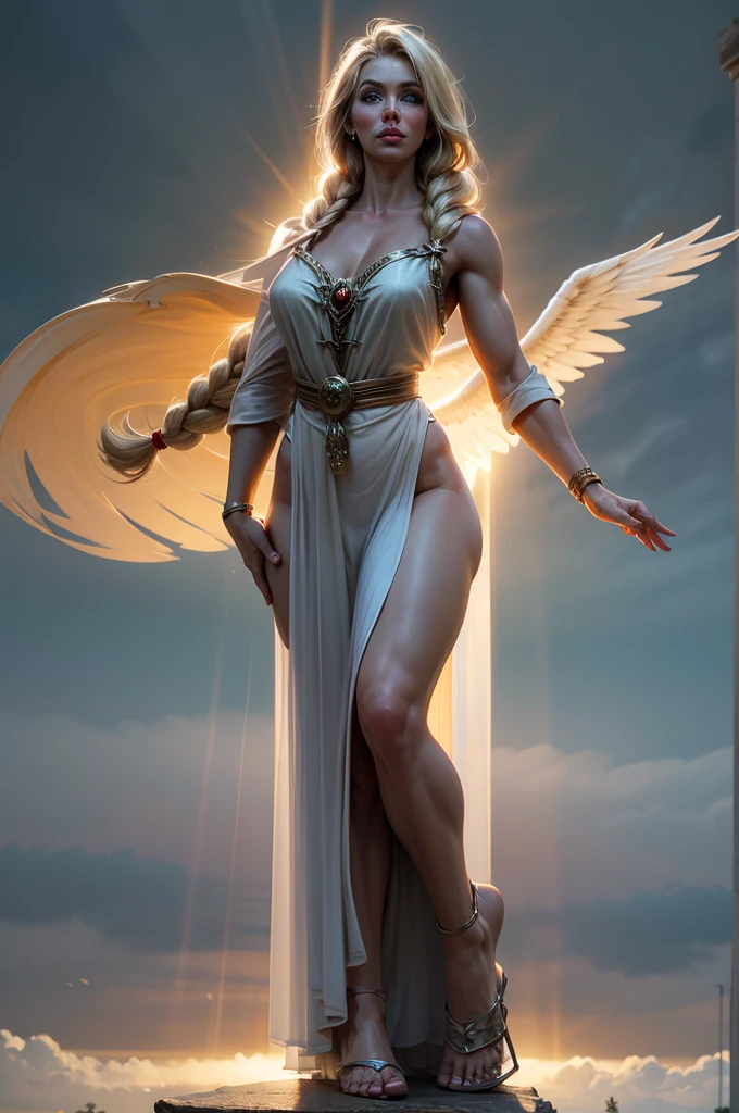 A full body shot of a female valkyrie warrior emerges from a cloudy grey sky, revealing a mature, curvy, and muscular physique. She has an angelic face with expressive green eyes and a warm smile. Dressed in a sheer see throught robe that accentuates her alluring figure, her magnificent blonde hair, styled in braids, flows in the wind. Large white wings shed a few feathers, creating a divine atmosphere bathed in rays of light.
