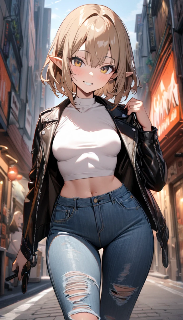  1 girl, Alone, Small breasts,  watching viewers,  wide hips, I々I have, Long Hair, Pointy ears,( light brown hair , short hair、),Best Quality、masterpiece、  ultra high resolution 、Beautiful smile、 Leather Jacket、street、 street, Voodoo symbols are scattered on the microphone of ripped ripped jeans 